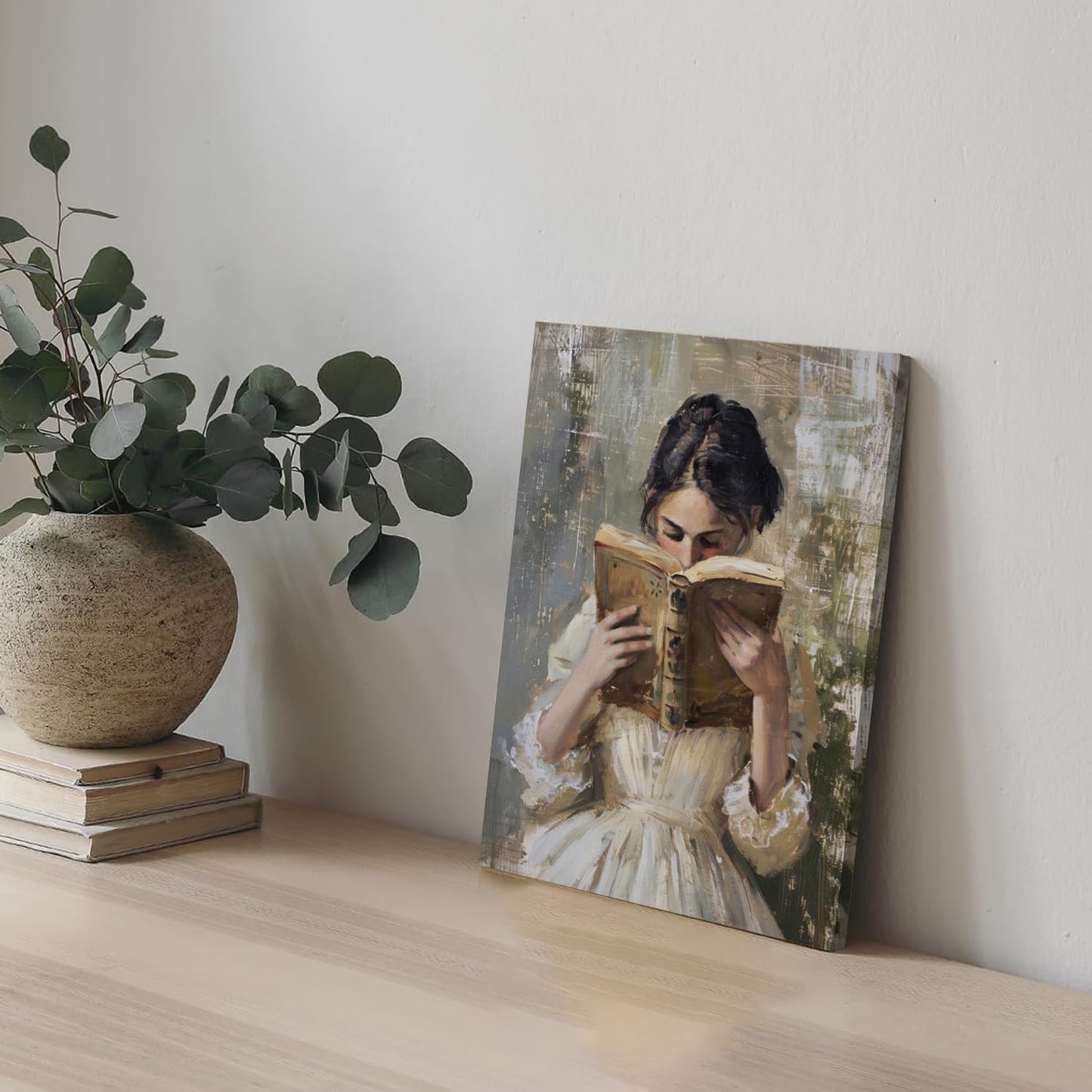 Vintage Victorian Woman Reading Book Wall Art Light Academia Wall Decor Paintings Picture Moody Girl Aesthetic Poster Canvas Print for Bedroom Living Room Dorm Library Nook 12x16Inch Framed