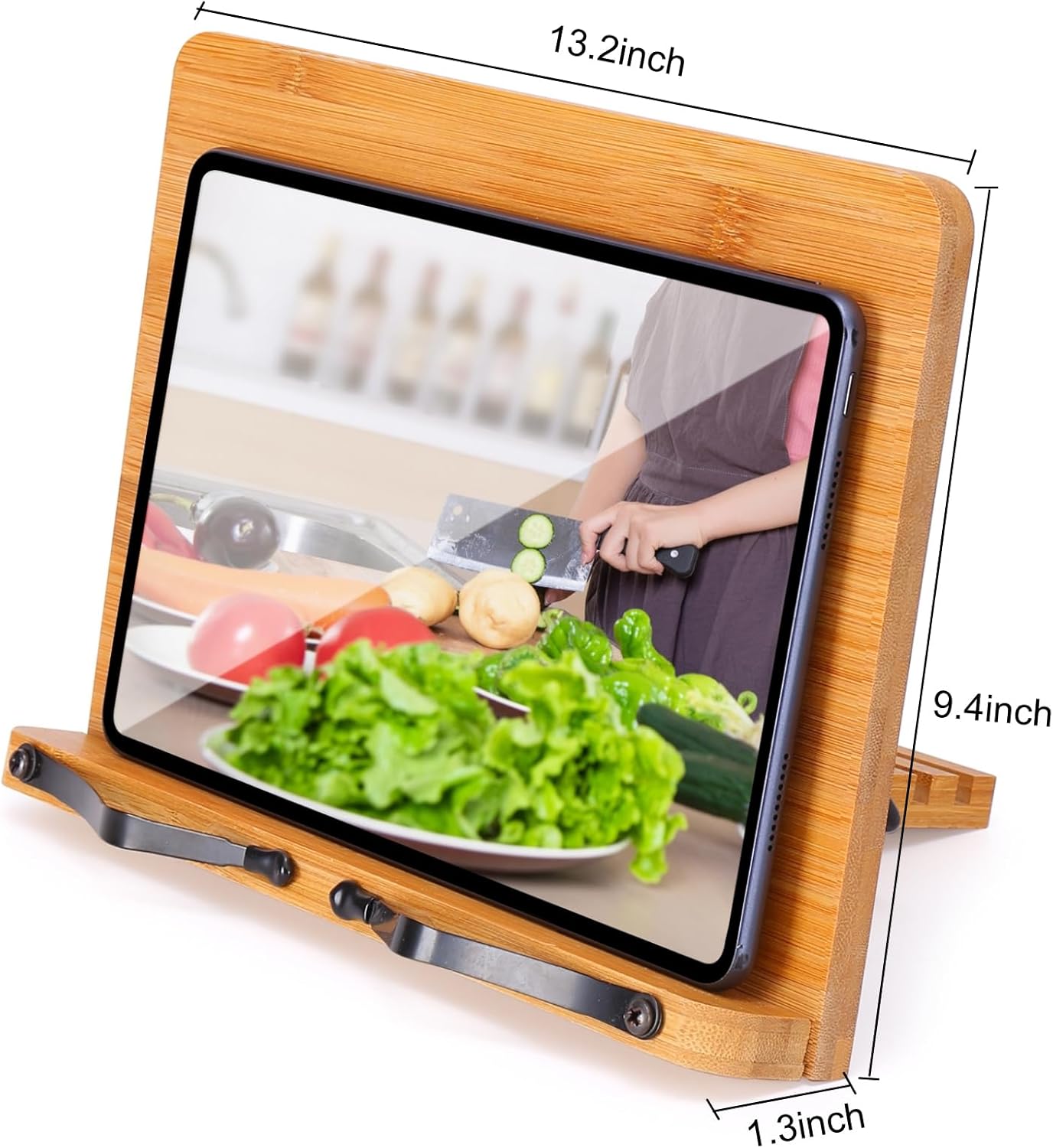 MEGREZ Bamboo Book Stand 13.2 x 9.4 Inch, Foldable Cookbook Holder With 6 Adjustable Heights, Reading Holder for Recipe, Music, Textbook, Tablet Stand, Rose