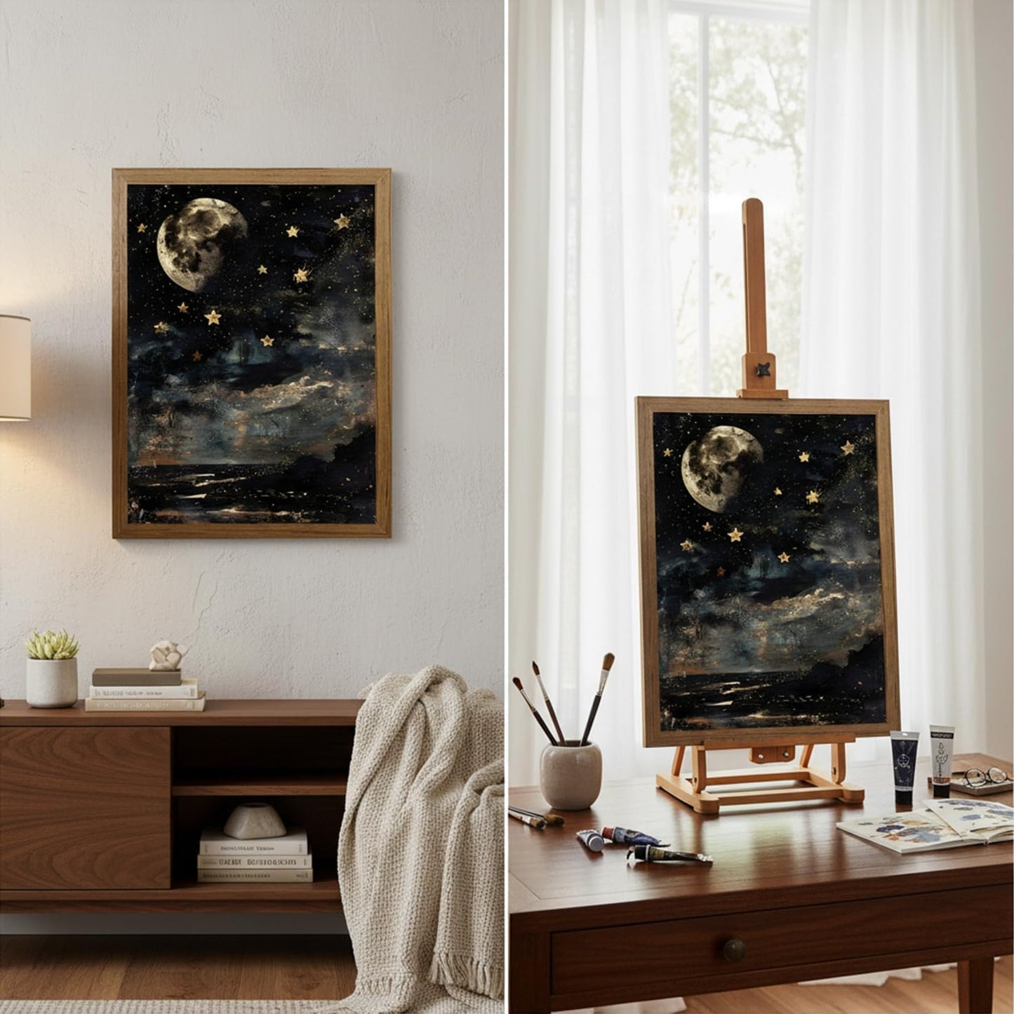 Dark Academia Celestial Canvas Wall Art Vintage Moon and Stars Wall Decor Moody Star Landscape Painting Artwork for Bedroom Living Room 8x10 Inch Wood Framed