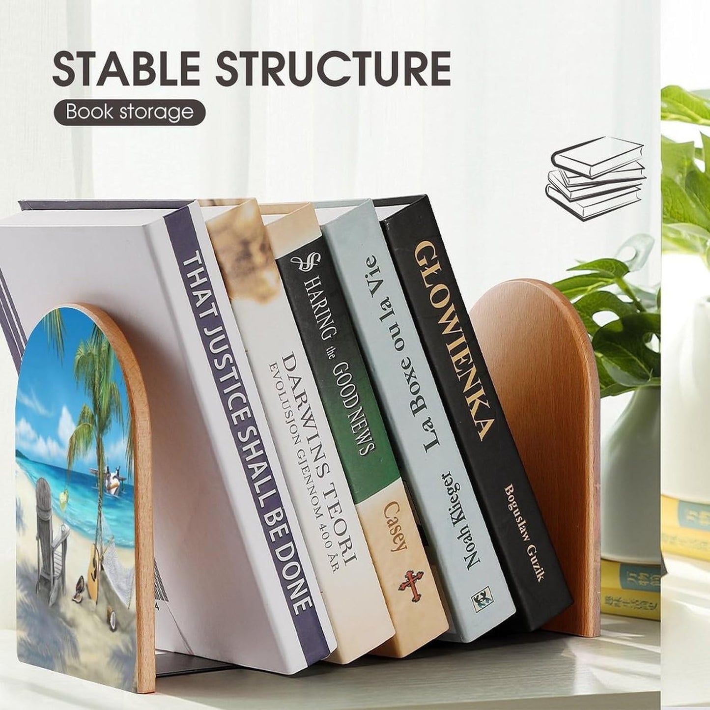 Guitar on The Beach Wooden Bookend Non-Slip Book Ends Heavy Duty Book Stopper with Metal Base Books Holderd Decorative Bookends Stands Firmly for Office Supplies