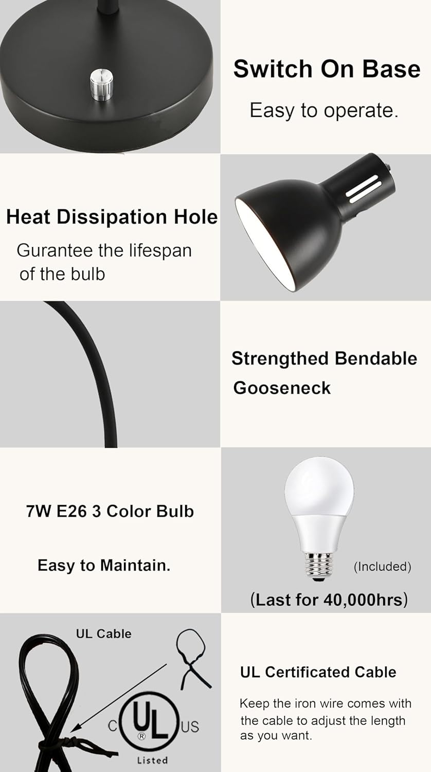 AFORTLO LED Desk Lamp,3 Color Temperature Changeable Table Lamp,Flexible Gooseneck Eye-Caring Book Reading Light for Home Office, Study, Nightlight with Bulb (Matte Black)