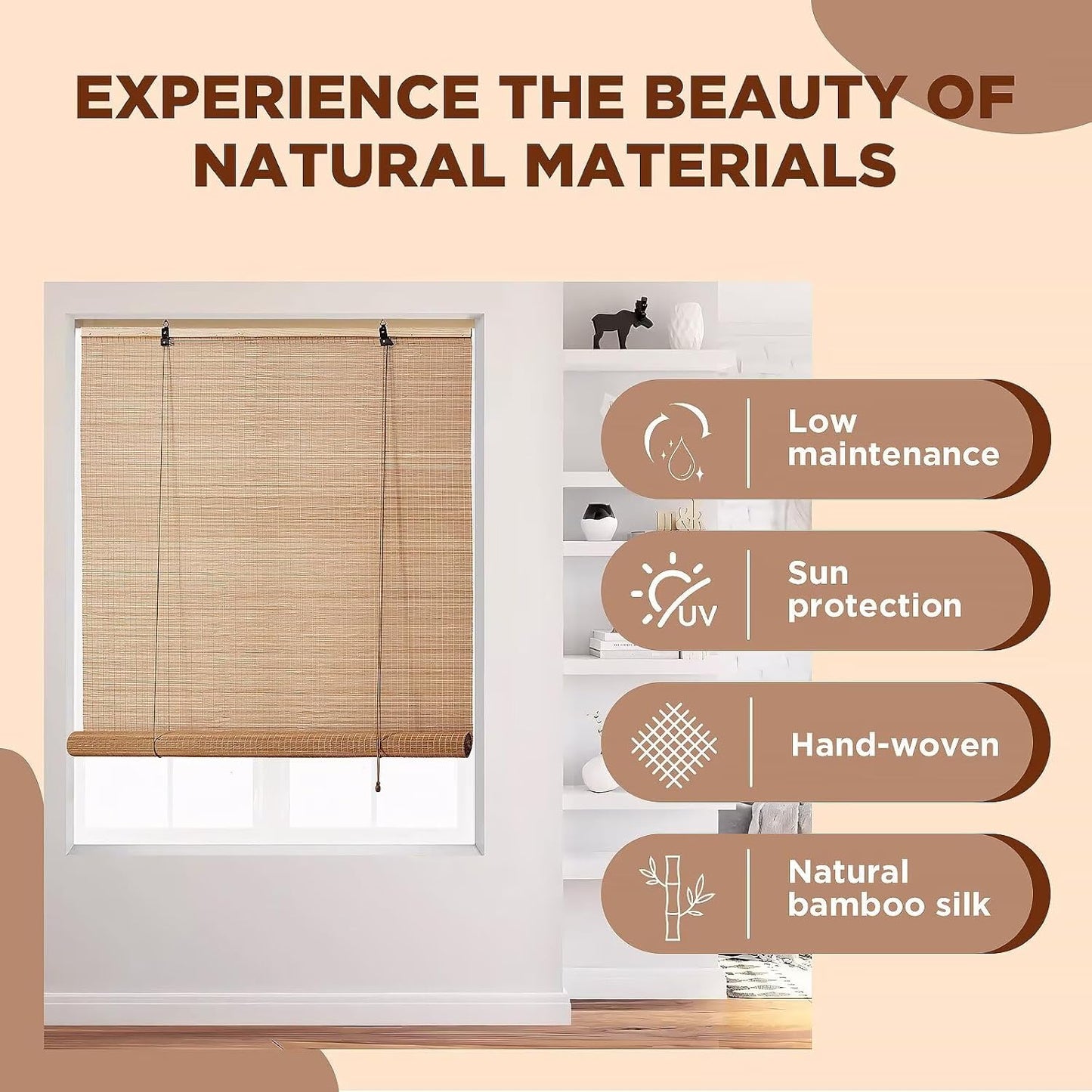 Bamboo Roller Shades Roman Shades for Window: Bamboo Blinds for Interior Windows and Outdoor Patio,Roll Up Blinds for Indoor Porch Light Filtering Sunshade,Easy to Install 36" W X 48" H