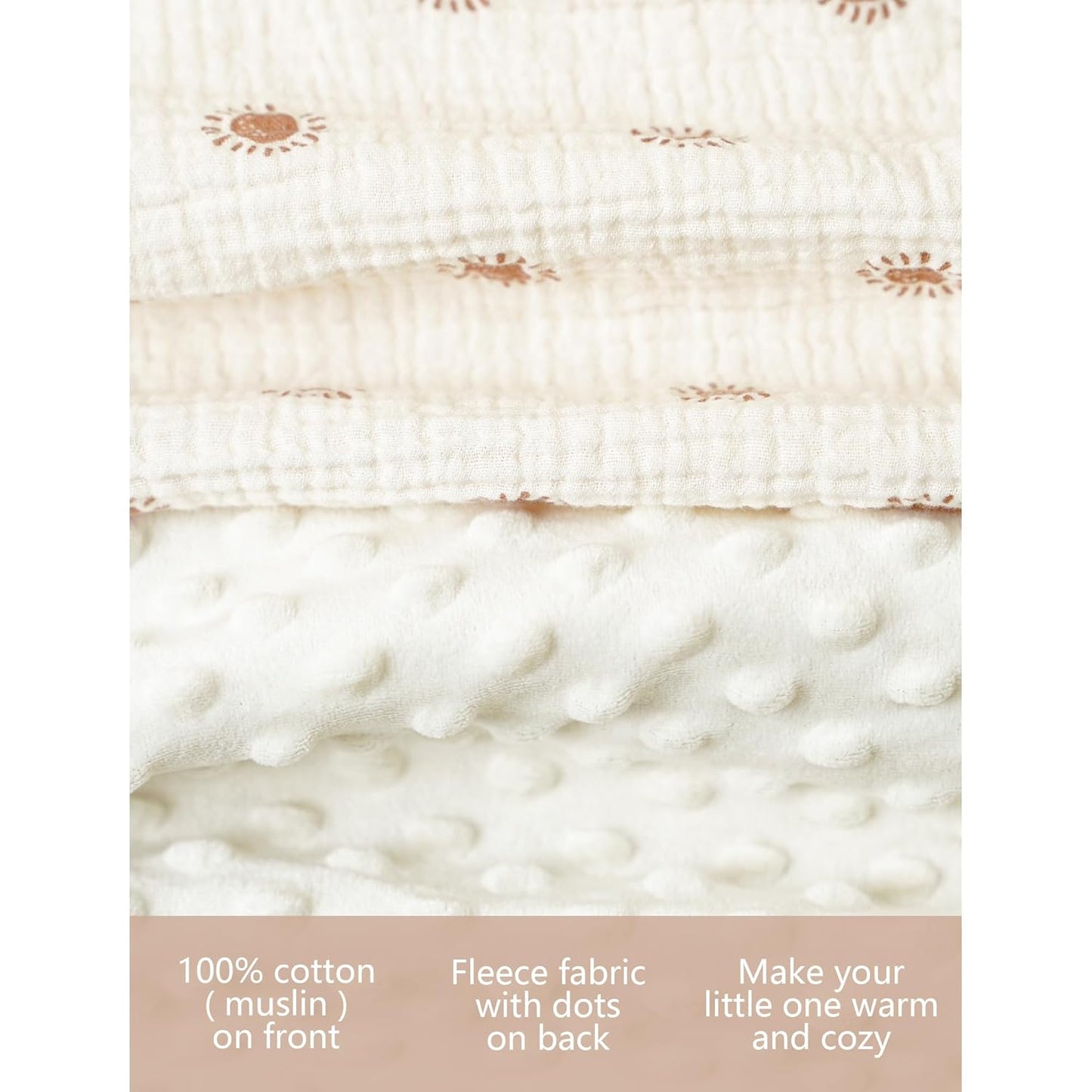 Konssy Baby Blankets for Unisex Boys Girls, Super Soft Nursery Minky Blankets with Muslin Cotton Front and Dotted Fleece Backing, Printed Bed Throws Newborn