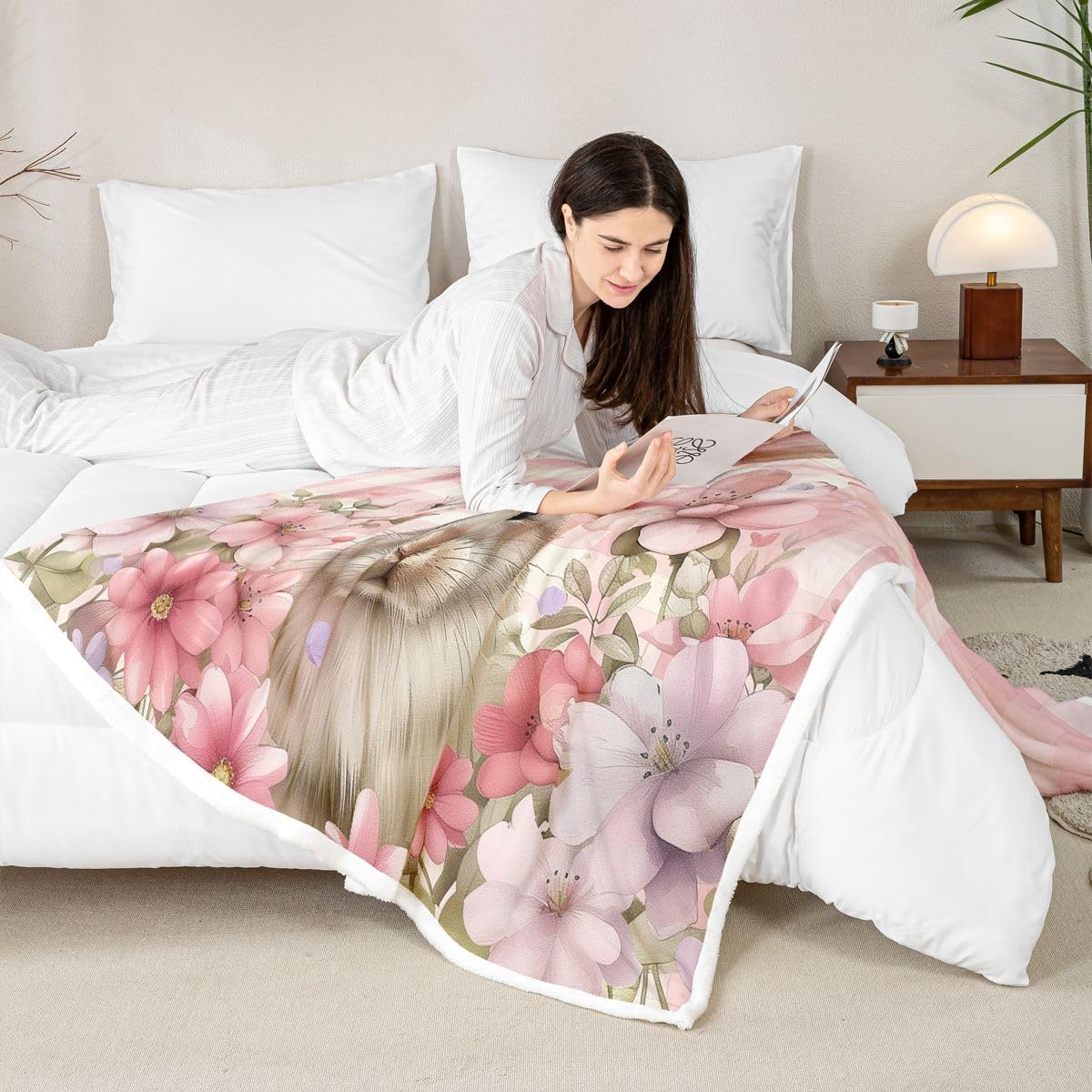Feelyou Cute Rabbit Throw Blanket Cartoon Bunny Soft Fleece Sherpa Cozy Fuzzy Plush Warm Flower Floral Fuzzy Plush Throw Pink Plaid Baby 30"x40" for Bed Couch Living Room