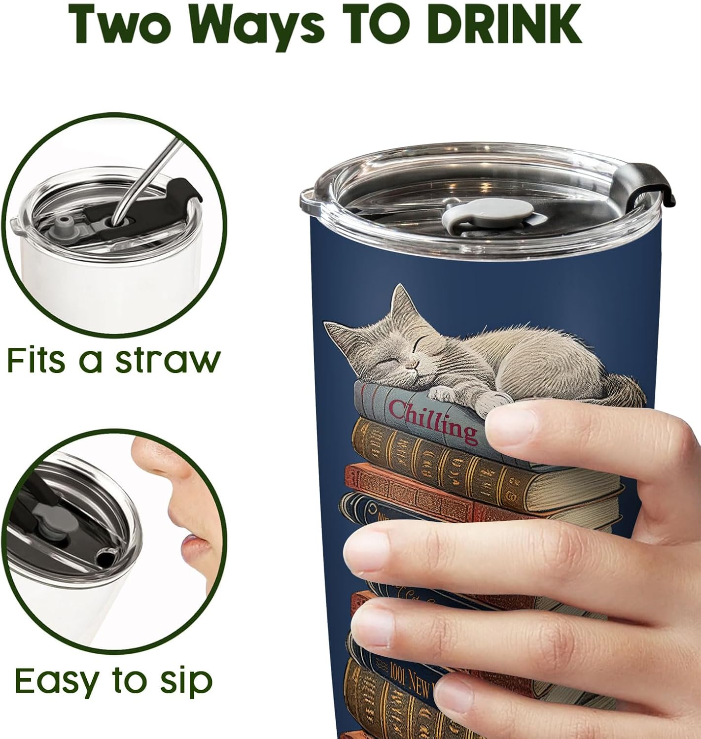 34HD Cat Bookish Tumbler 20oz Stainless Steel Insulated, Funny Just a Girl Who Loves Cats and Books Gift - Birthday Present for Pet Lovers, Librarian & Her