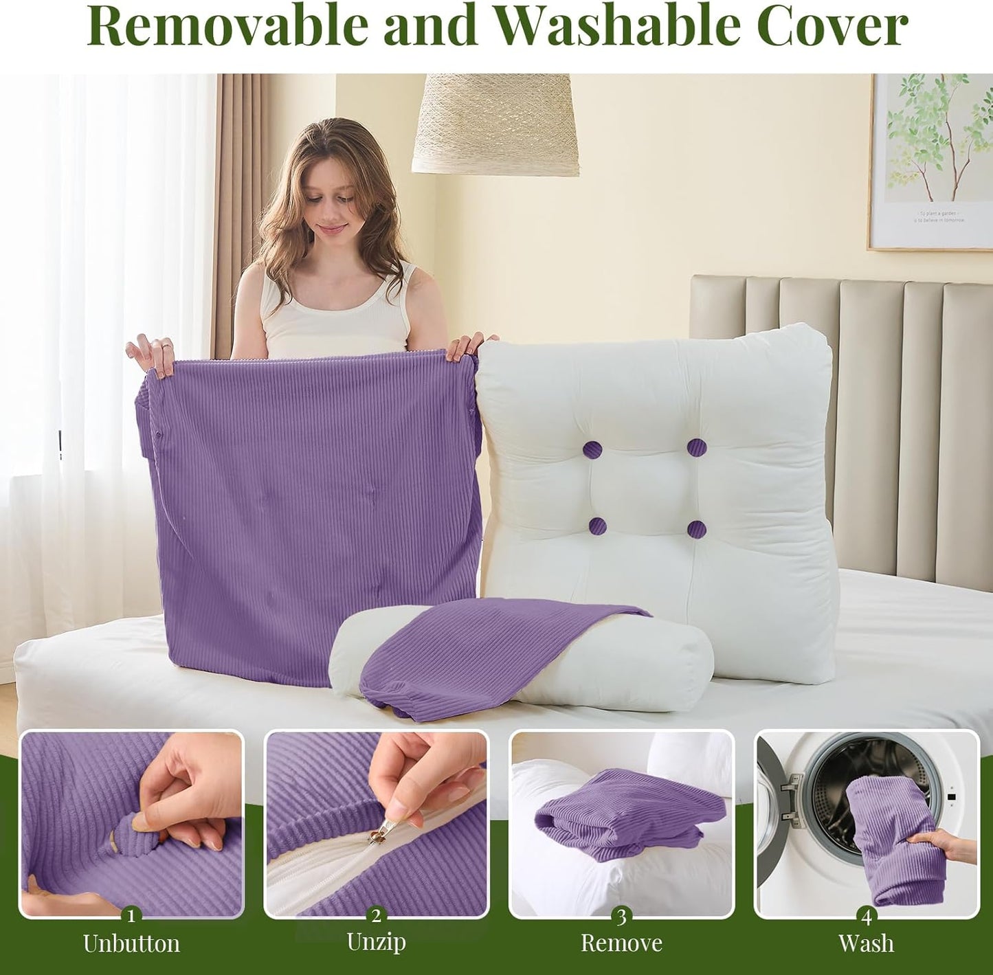 Sasttie Wedge Pillow Set, 3PCS Reading Pillow for Sitting, Bed Wedge Pillow Headborad for Sleeping, After Surgery, Acid Reflux, Leg and Back Support, with Neck Cushion, 23"x11.5"x30", Lavender
