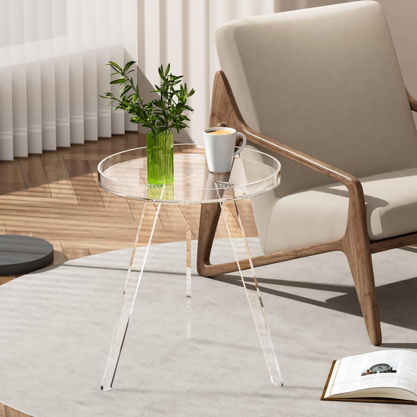 Clear Acrylic Side Table, Round End Table Nightstand Bedside Table Small Circle with Tray for Living Room Bedroom Office Small Space (Clear)