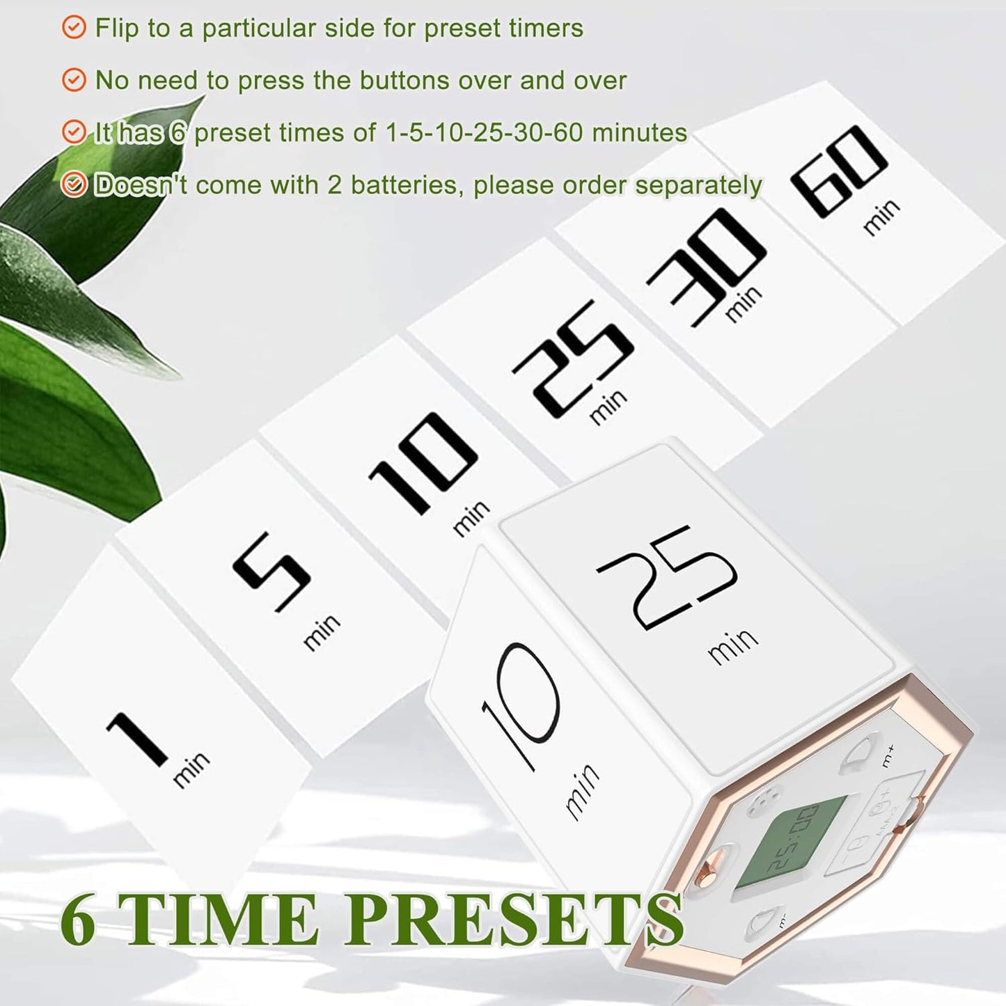 Hexagon Flip Timer, Kitchen Timer for Cooking, Various Time Presets, LCD Digital Display, Magnetic Suction, Mute Alarm Modes, Practical Gift Ideal for Study, Office, Gym, Kitchen, etc. (White)