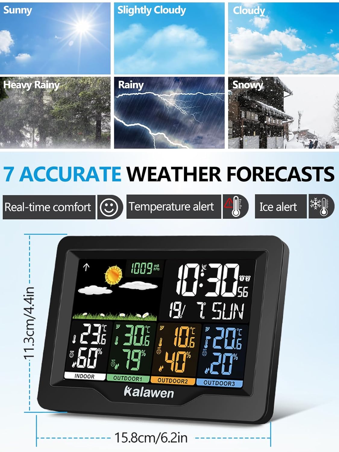 Kalawen Home Wireless Weather Station Multiple Sensors with Atomic Clock, Indoor/Outdoor Thermometer Wireless Humidity Barometer Monitor