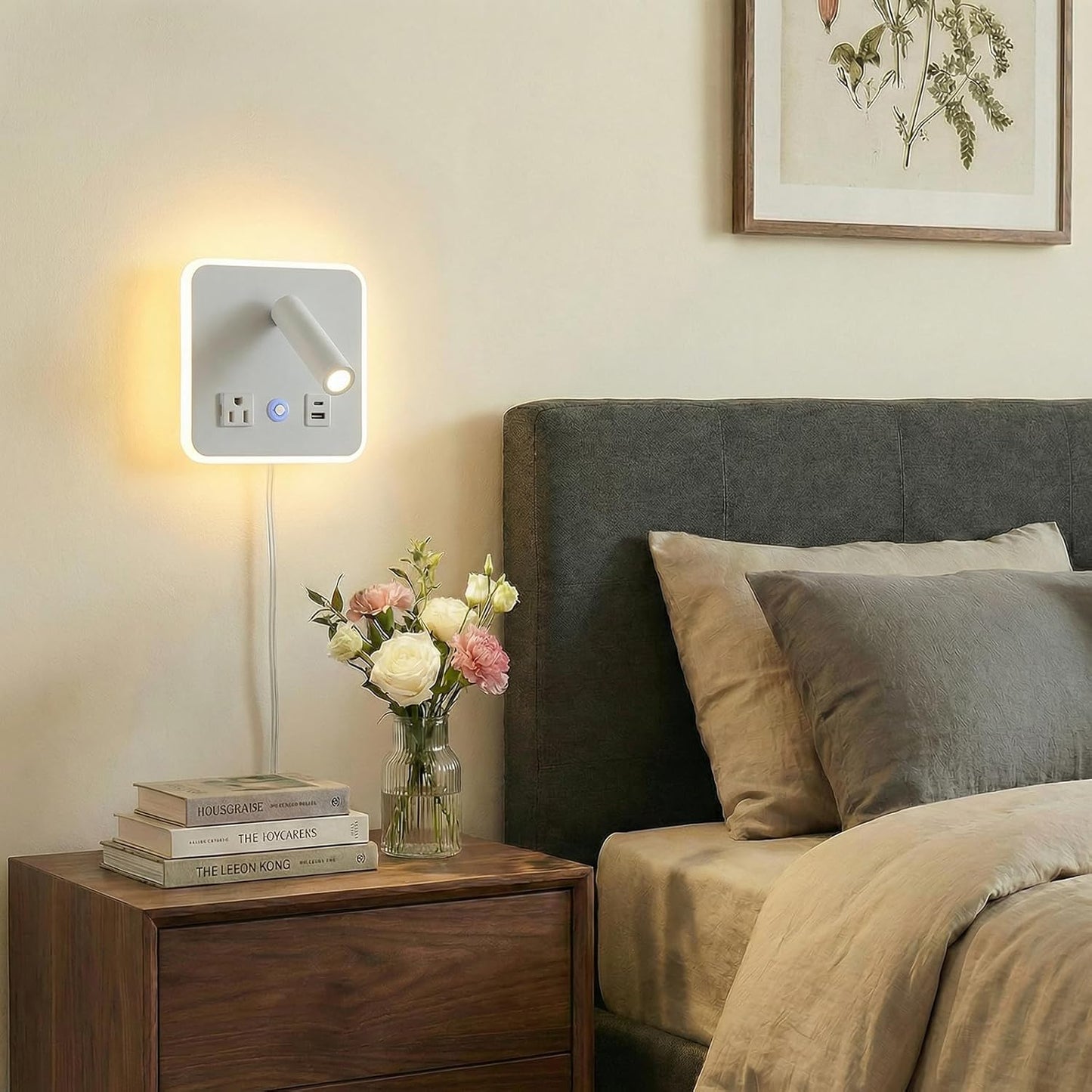 LED Wall Lamp Dimming Wall Mounted Reading Lights, Adjustable Headboard Plug in Wall Sconce with USB+USB C Ports, Headboard Bedside Lamp with 6W+3W Night Light 3000K (White)