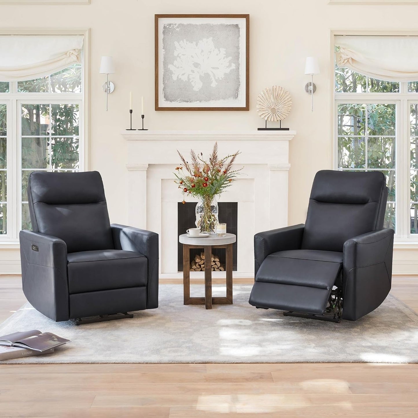 Overstuffed Leather Power Recliner Chair with Adjustable Power Headrest, Leather Electric Recliner with USB & Type-C Ports, Ergonomic Sofa for Living Room