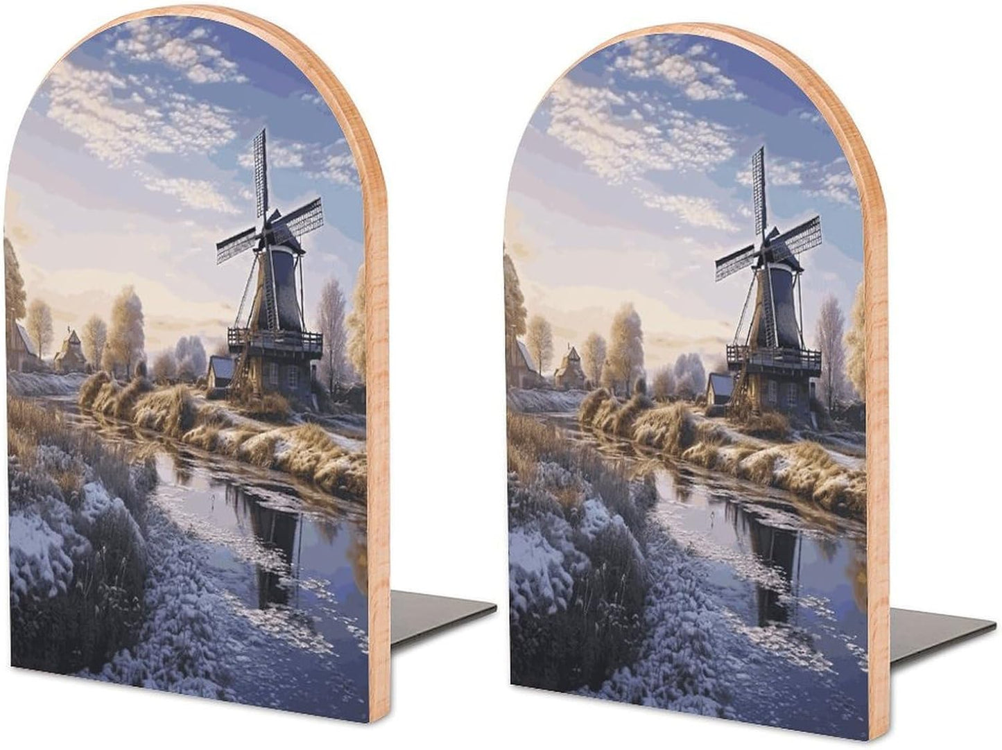 Landscape with A Traditional Windmill Bookend for Shelves Wooden Book End Large Size Sturdy Book Holders Stoppers with Metal Base for Bookshelves Slick Decorative Bookends Stands