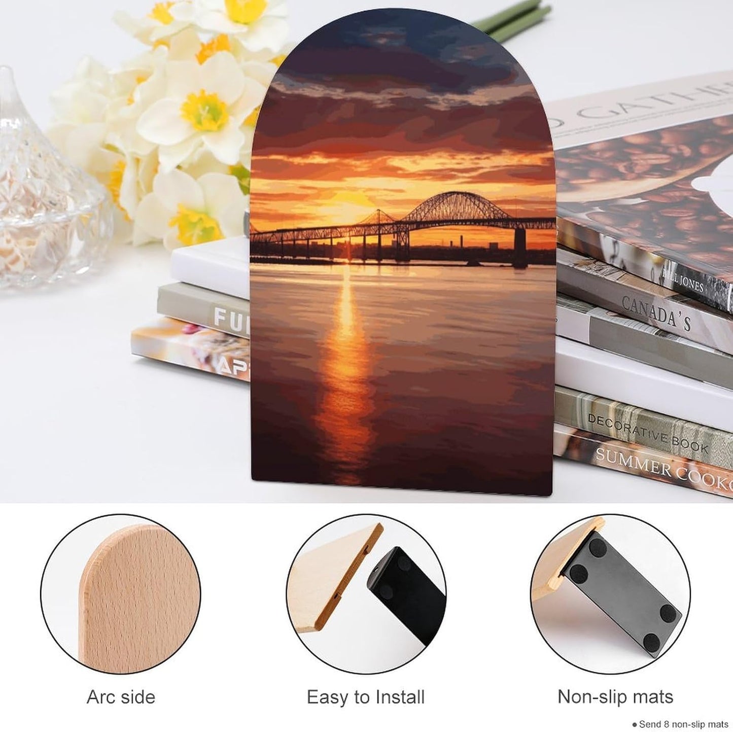 Non-Slip Bookend for Shelves Newark Bay Bridge and Sunset Wooden Bookends with Metal Base Decorative Book Stopper for Home Heavy Duty Wood Book Storage for Books/CDs