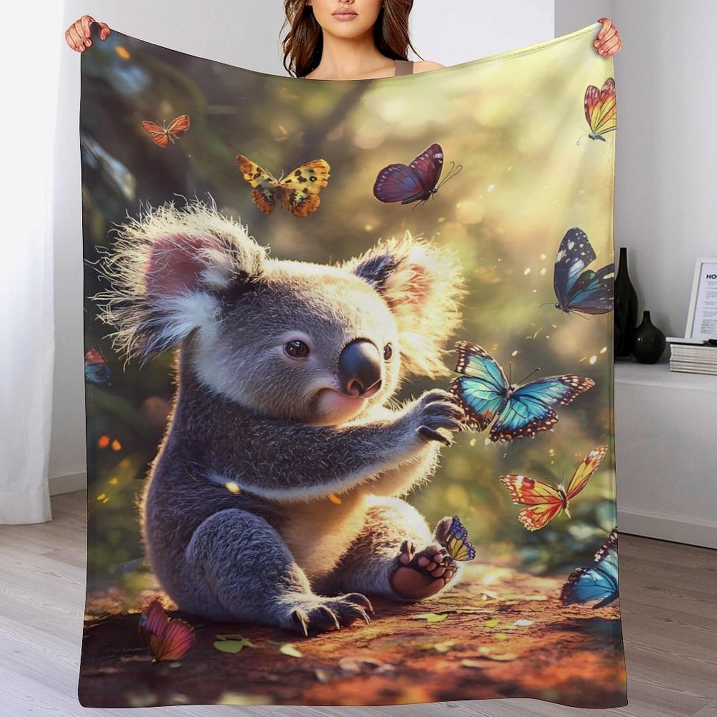 Koala Butterfly Throw Blanket for Couch Bed Plush Cozy Fuzzy Flannel Blanket for All Season 50"x70"