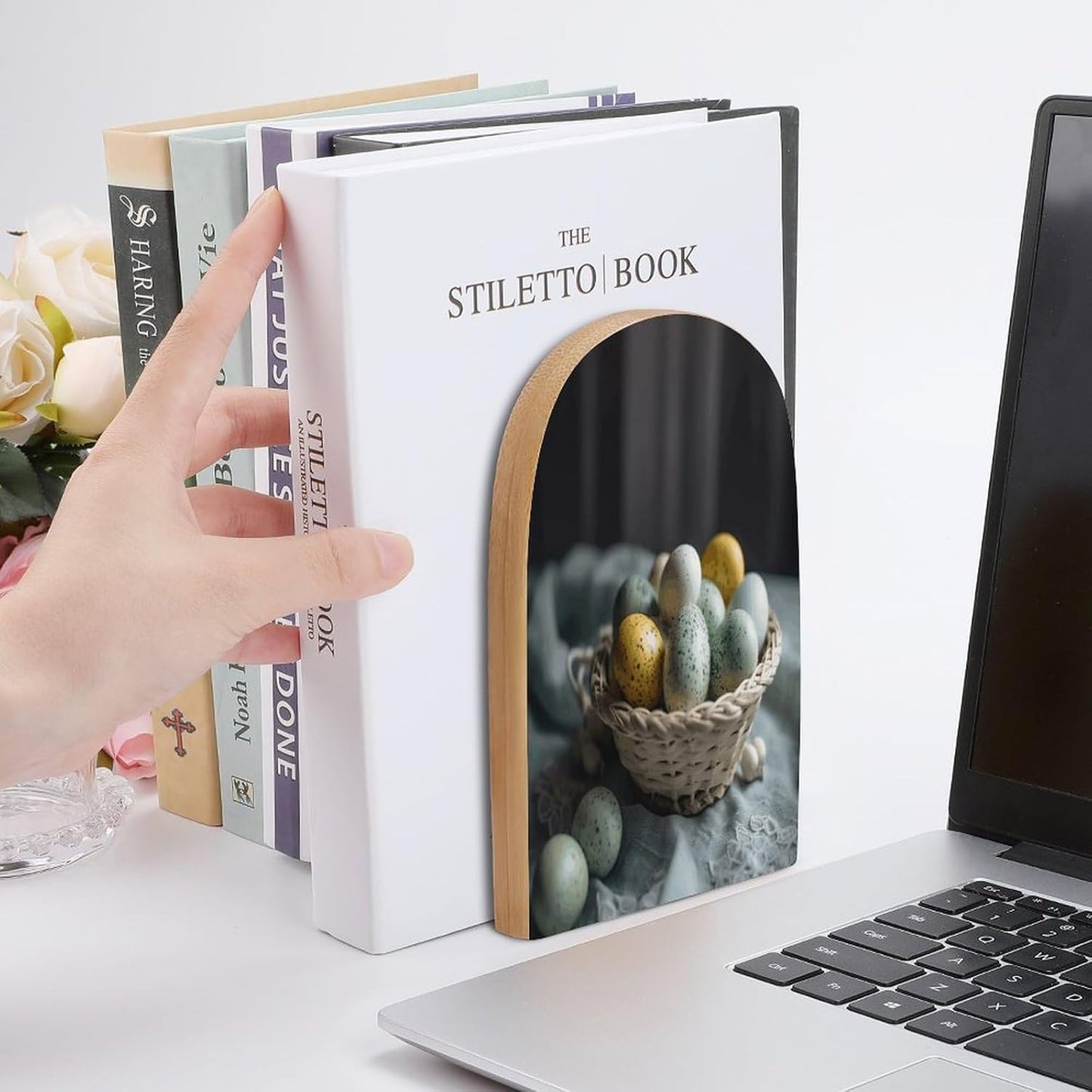 Easter Egg Basket Bookend for Shelves Wooden Book End Large Size Sturdy Book Holders Stoppers with Metal Base for Bookshelves Slick Decorative Bookends Stands
