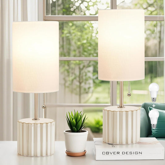 GyroVu Ceramic Small Table Lamp Set of 2, Adjustable Color Temperature Bedside Nightstand Lamps with Pull Chain for Bedroom Living Room Reading, 2 Bulbs