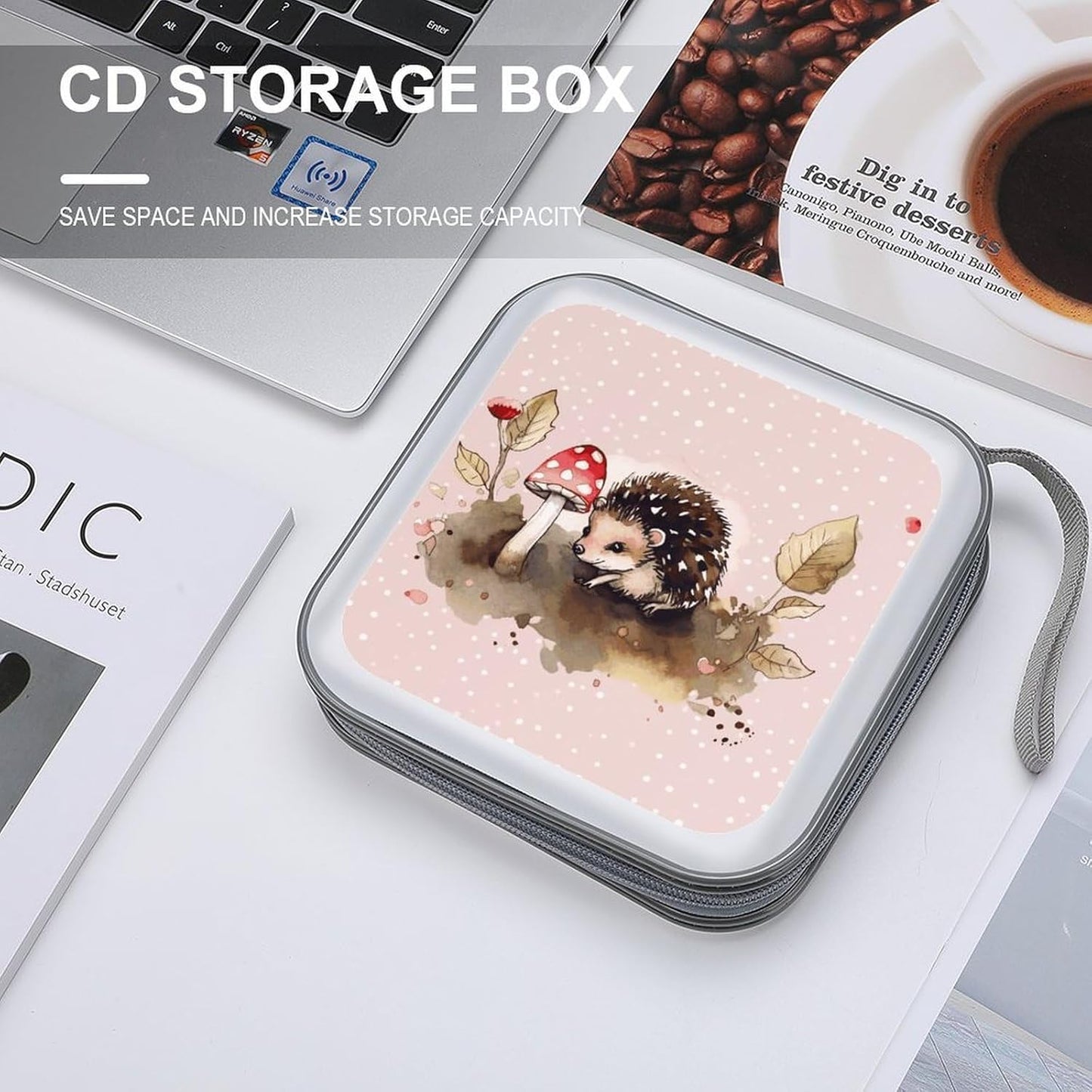 Hedgehog Watercolor Painting CD Case 40 Capacity Case Zipper CD Collection Bag with Handles Cover DVD Storage Hard Plastic DVD Disc Cases Storage Binder for Car Home Office Travel