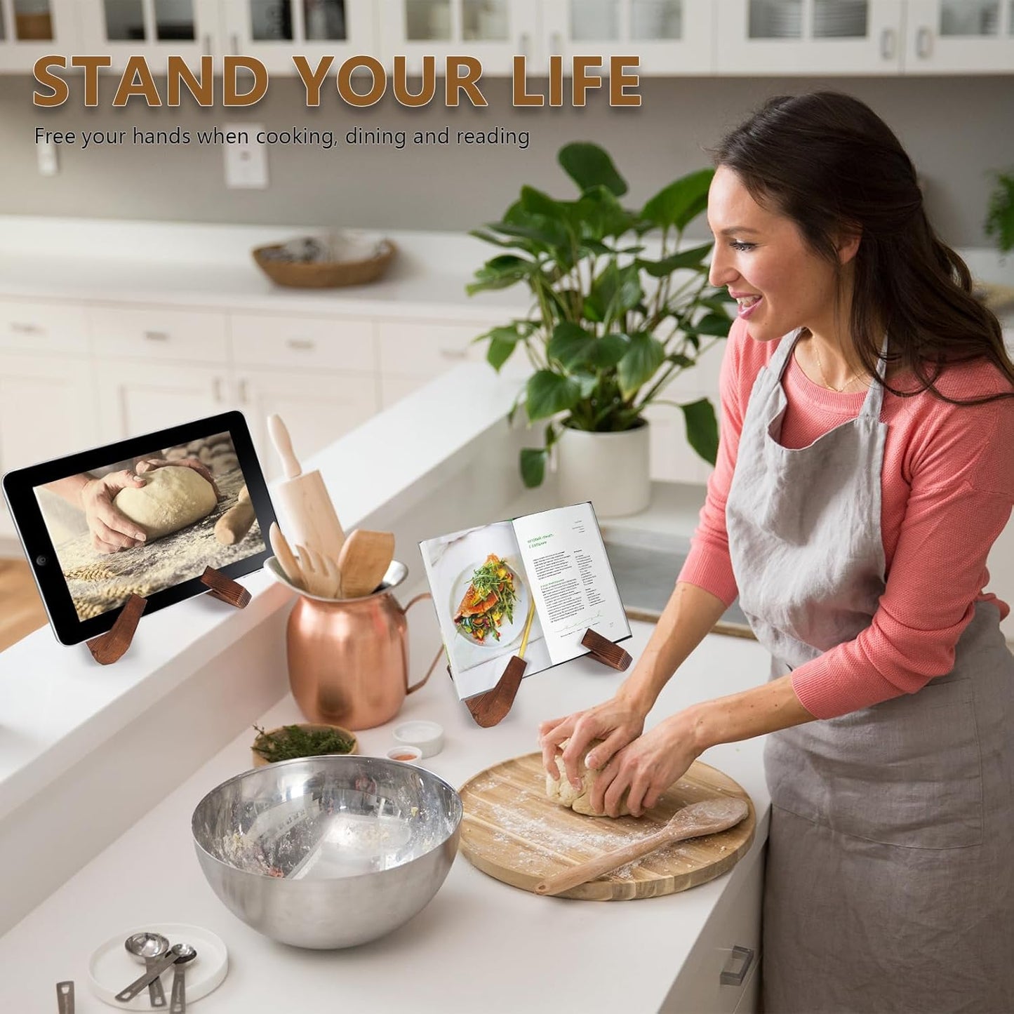 2 Packs Wood Cookbook Stands & Recipe Holders for Kitchen,7 inch Height Recipe Holders Display Stand Rustic Style, Brown, Box Package
