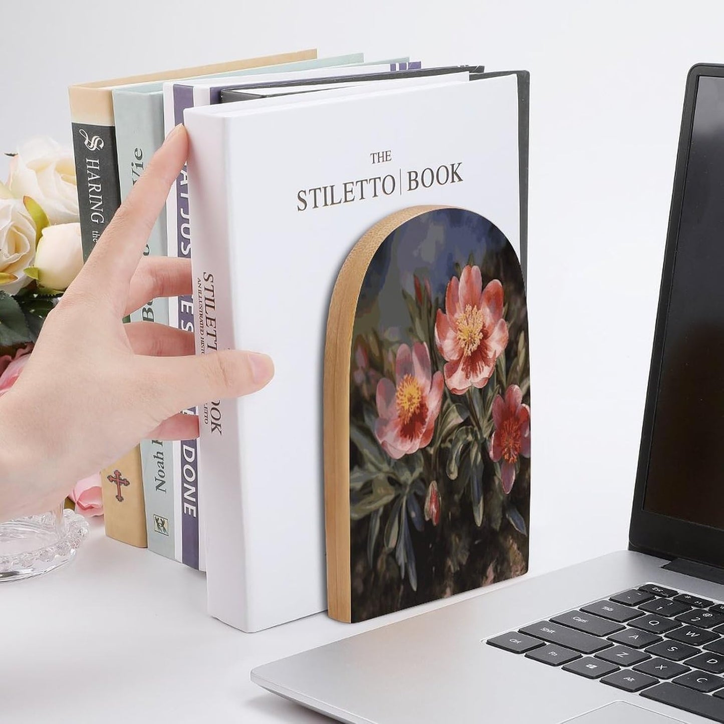 Spring Flower Bookend for Shelves Wooden Book End Large Size Sturdy Book Holders Stoppers with Metal Base for Bookshelves Slick Decorative Bookends Stands