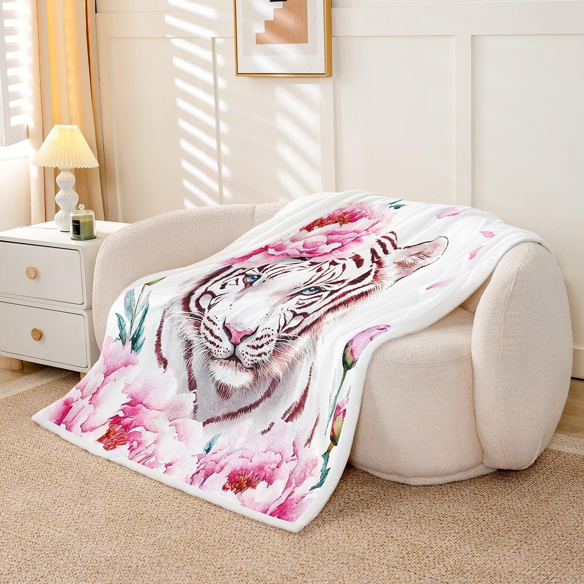 Floral Tiger Throw Blanket White Tiger Fleece Blanket, 40"X50" Brown Stripes Tiger Fuzzy Blanket for Girls Lady Women, African Safari Animal Print Plush Bed Blanket Pink Bedroom Decor