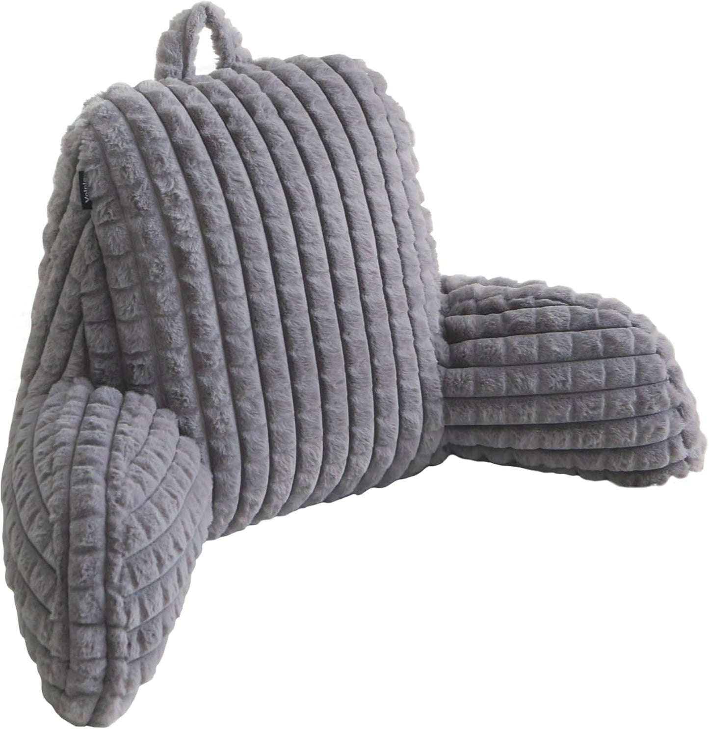 Faux Rabbit Fur Reading Pillow with Arms,Removable Cover, Adjustable Shredded Foam Filling,Bed Rest Back Pillow for Reading,Watching TV,Gaming–Grey
