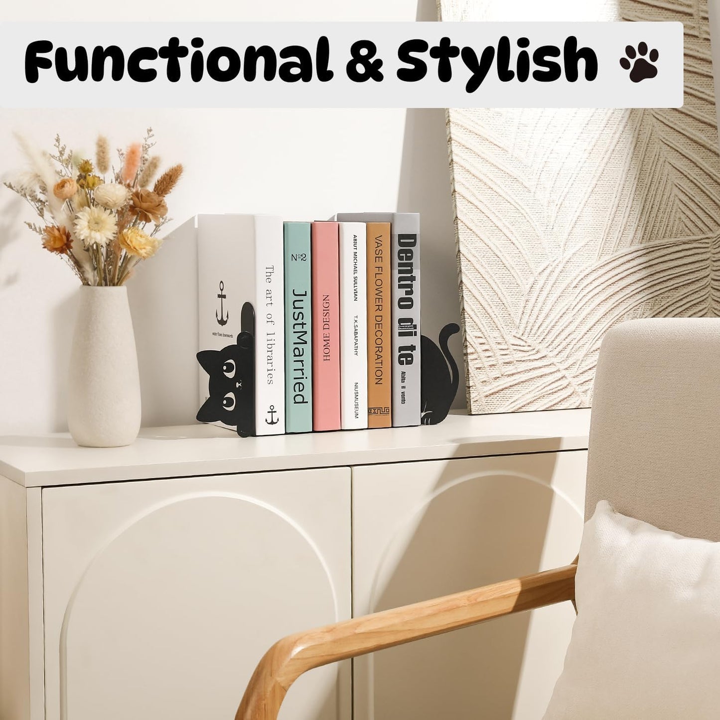 Peeking Cat Metal Bookends Set of 2 (1 Pair), Decorative Book Ends for Shelves Bookshelf Office Desk, Home Decor Gift for Cat & Book Lovers