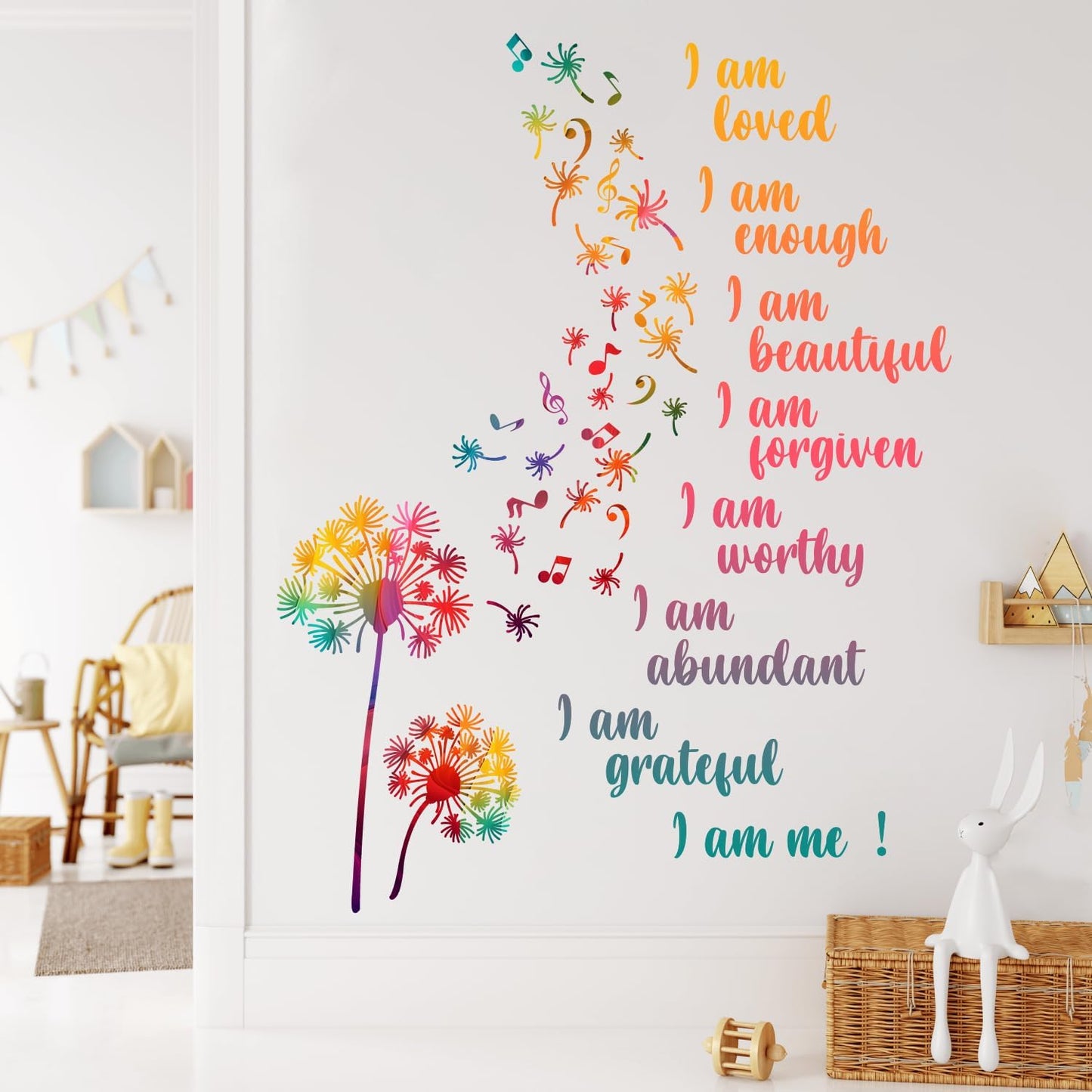 Colorful Dandelion Wall Stickers, Motivational Quote I Am Affirmation Vinyl Wall Decals, Removable Dandelion Flying Musical Note DIY Wall Art for Kids Bedroom Office Classroom Decor