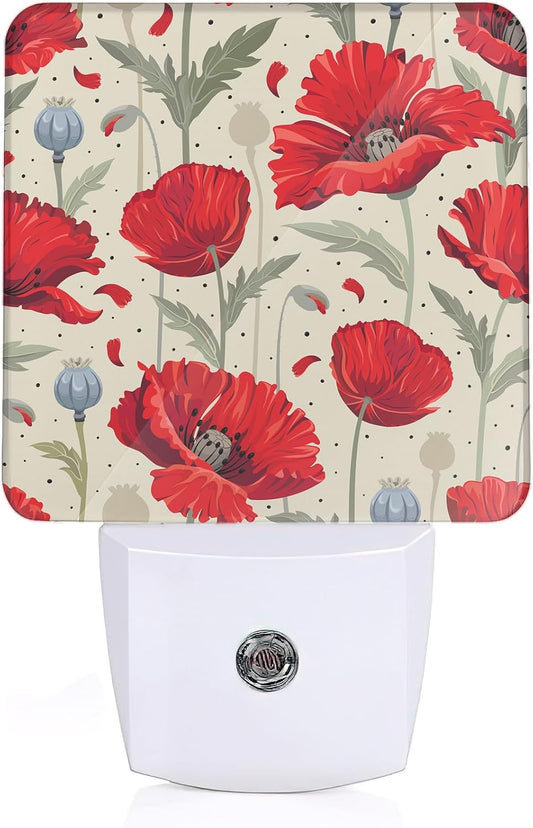 Red Poppy Flowers Night Light,Plug-in Nightlights with Light Sensors for Boys Girls,Dusk to Dawn Sensor Wall Lamp for Stairway/Hallway/Kitchen