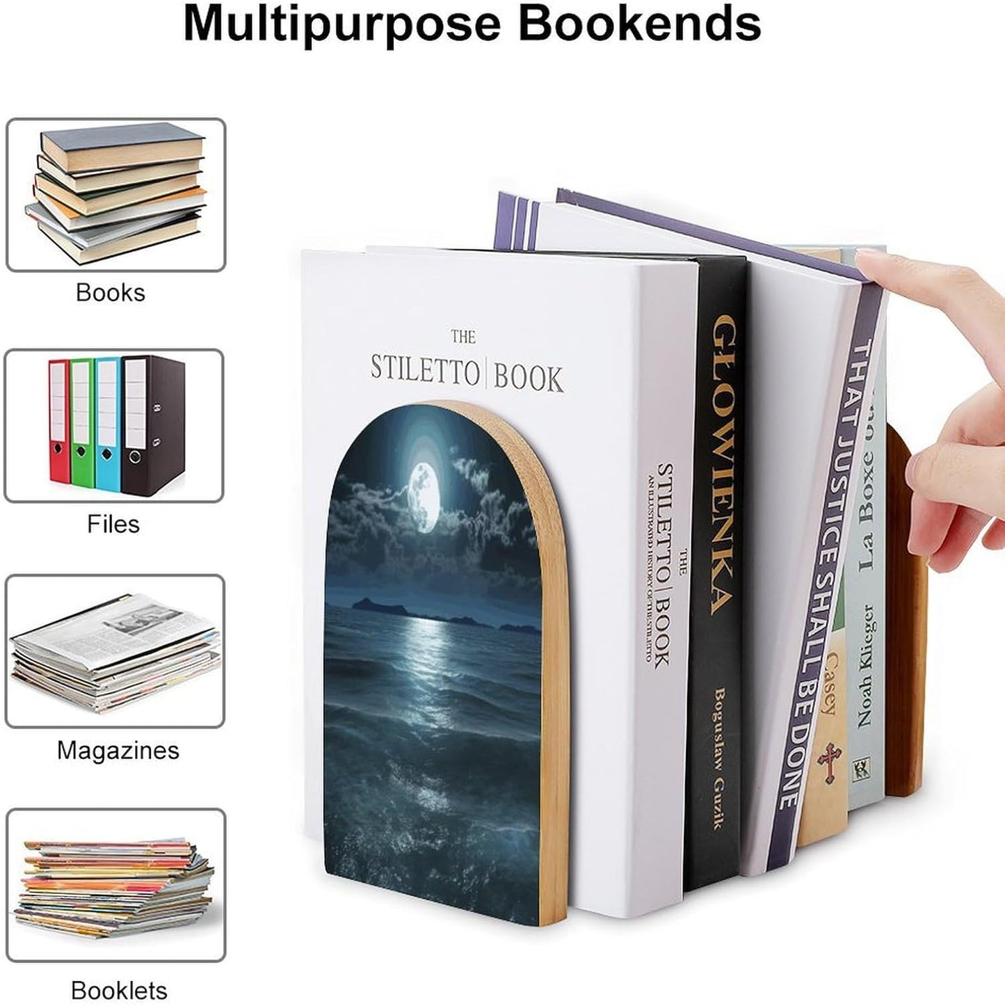 Moon and Sea Bookend for Shelves Wooden Book End Large Size Sturdy Book Holders Stoppers with Metal Base for Bookshelves Slick Decorative Bookends Stands