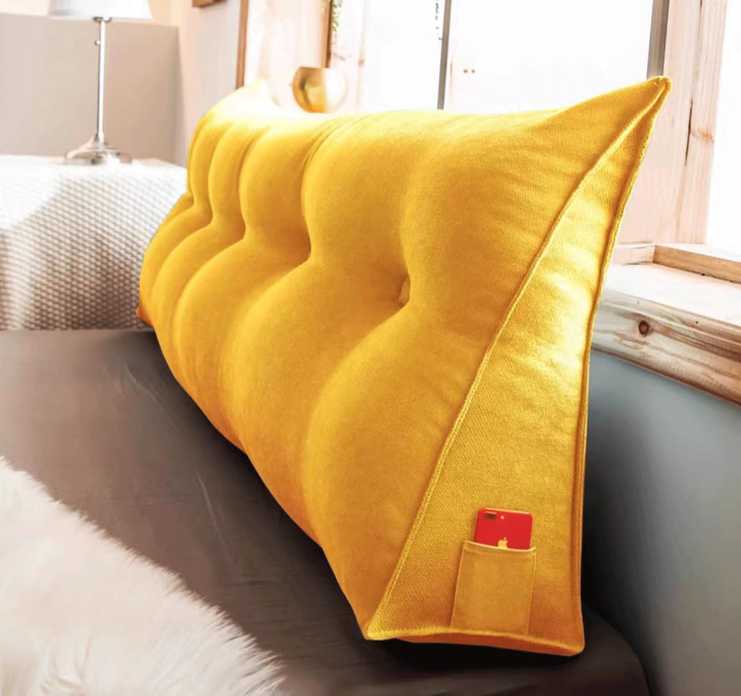 Large Triangular Headboard Pillow, Back/Lumbar Support Cushion Wedge Daybed Cushion Bolster Pillow Triangle Bed Reading Pillow For Tatami Sofa With Washable Cover(Size:180x50x20cm,Color:Yellow)