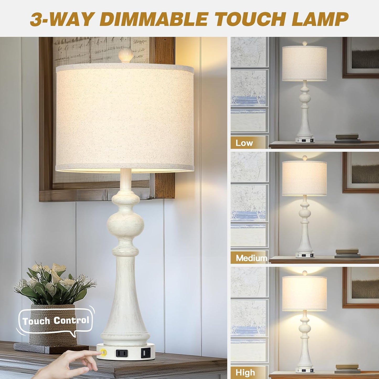 28" Farmhouse Table Lamps Set of 2, Vintage Bedside Lamps with USB A+C Charging Ports & AC Outlet, 3-Way Dimmable Touch Control Nightstand Lamp for Living Room Bedroom Wash White(2 LED Bulbs Included)