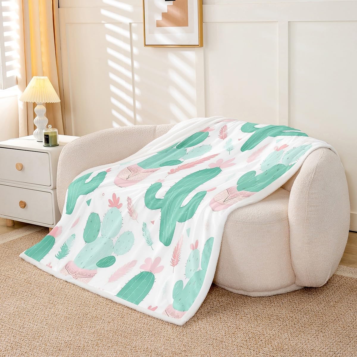 Feelyou Kids Cactus Throw Blanket Girls Boho Succulent Fleece Blanket for Bed Sofa Couch Teens Pink Green Botanical Pattern Decor Sherpa Blanket Exotic Plants Warm Fuzzy Blanket Twin 60"x80"