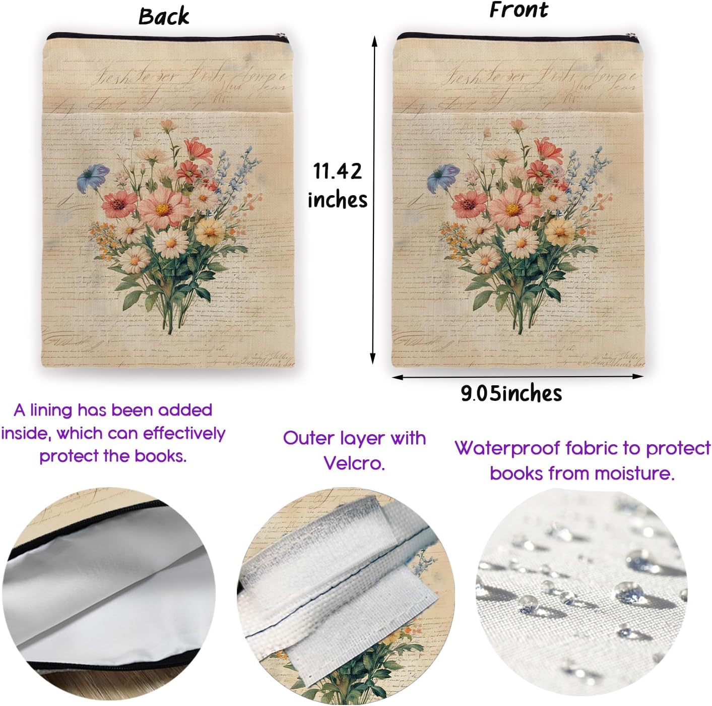 Vintage Flower Book Cover, Book Sleeve with Zipper & Front Pocket, Reusable Book Pouch, Butterfly Floral Linen Prints Book Sleeve for Book Lovers, Bookish Gifts (Wildflower3, Large)