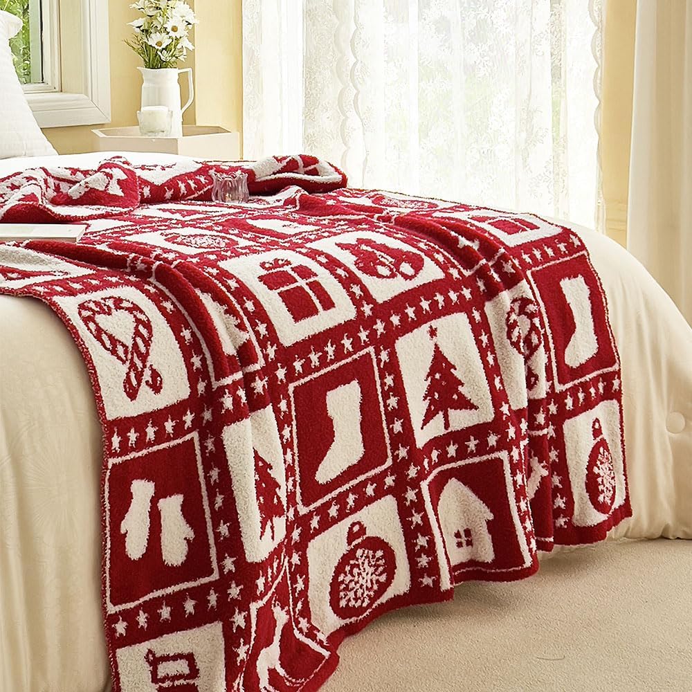 Ultra Soft Microfiber Star Snowflakes Christmas Tree Checkered Knitted Throw Blanket Warm Plush Fluffy Bed Blanket Xmas Decor Lightweight Camping Travel Blanket for Couch Sofa (Gift Red, 50"x60")