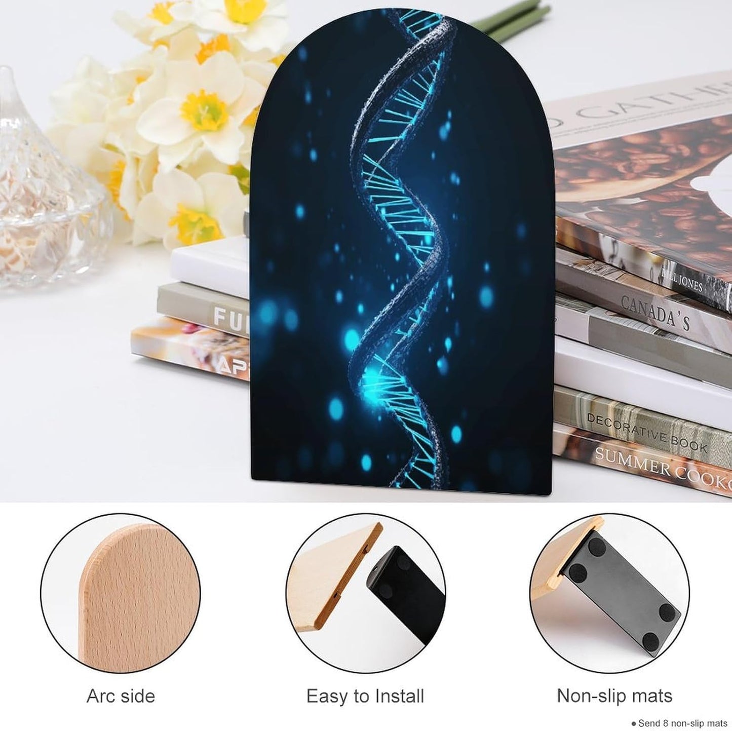 Blue DNA Structure Bookend for Shelves Wooden Book End Large Size Sturdy Book Holders Stoppers with Metal Base for Bookshelves Slick Decorative Bookends Stands