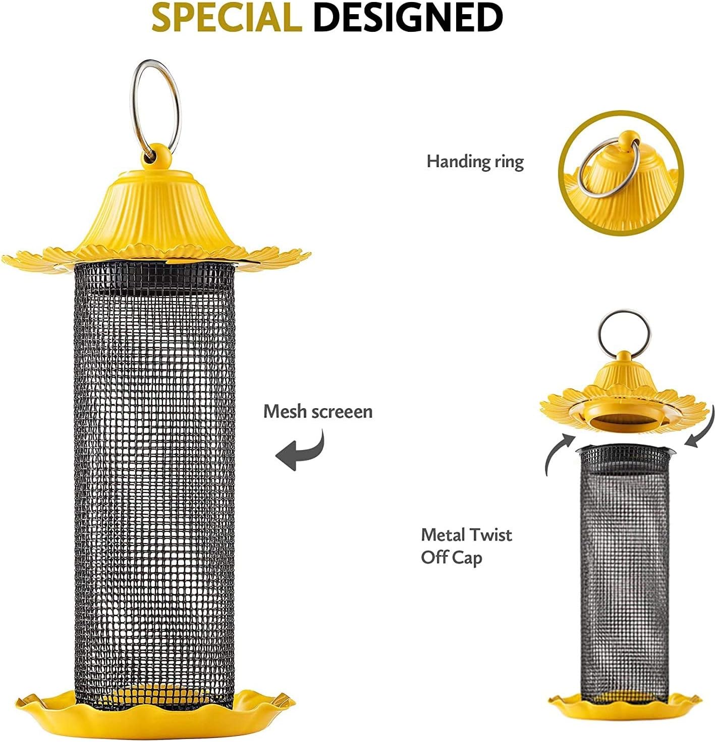 Finch Bird Feeders for Outside [Set of 2] 0.5 LB Capacity Yellow Wild Bird Feeders, Seeds Attracts Small Birds to Backyard & Garden. Tube Bird Feeders for Outdoors.