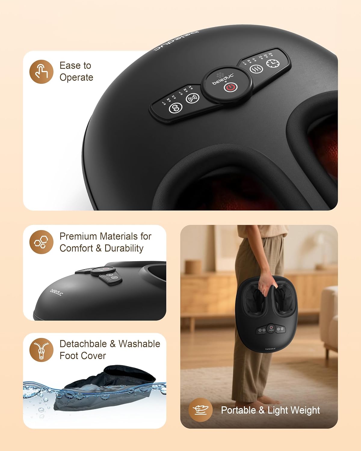 Beleduc Foot Massager with Heat and Compression, Deep Kneading Shiatsu Foot Massage for Plantar Fasciitis, Neuropathy & Circulation, 3 Intensities, Washable Covers, Fits Up to Men Size 14, Black