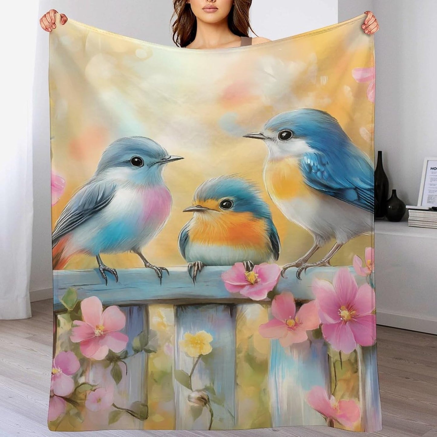 Blue Birds Throw Blanket for Couch Bed Plush Cozy Fuzzy Flannel Blanket for All Season 66"x90"