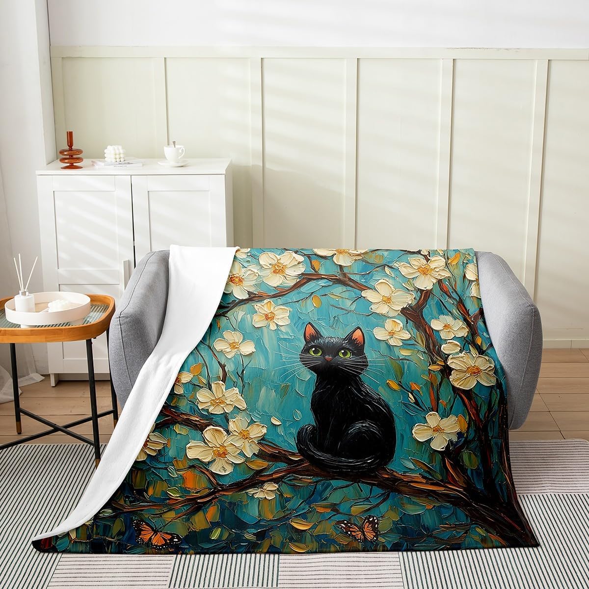 Feelyou Oil Painting Styles Floral Black Cat Plush Throw Blanket,Vintage Black Cat Bed Blanket Queen 90"x90",Kids Boys Girls Room Decor,Cute Animal Cat Flannel Fleece Blanket,Floral Cat Blanket