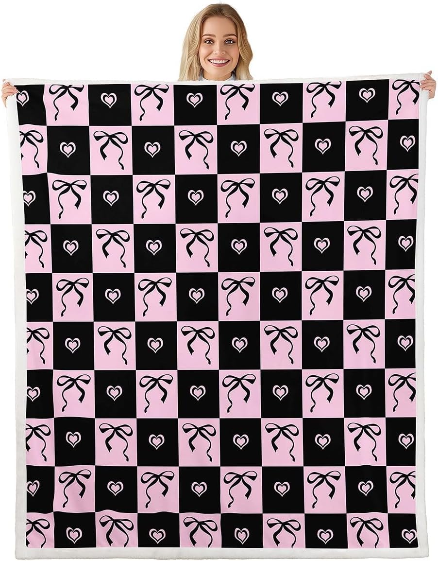 Feelyou Cute Bow Sherpa Throw Blanket for Couch Pink Plaid Checkered Super Soft Cozy Fleece Pink Black Blanket for Winter, Plush Throw Twin 60"x80" All Season