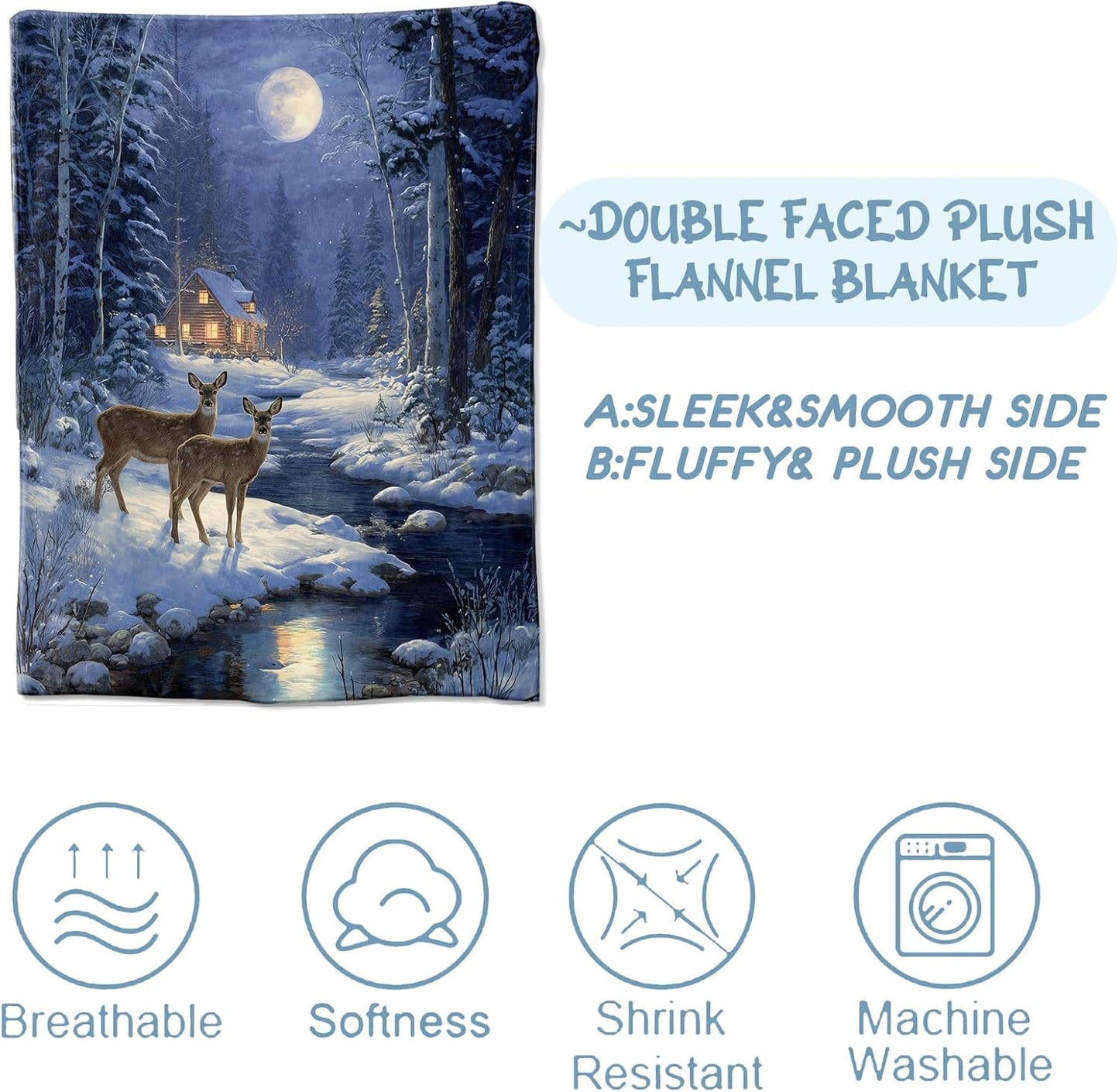 Winter Deer and Cabin Blanket,Gifts for Rustic Nature Lovers,Lightweight Flannel Throw Blankets,Forest Snowy Moonlight Throws Home Decor,for Couch Living Room Office,60x50inch