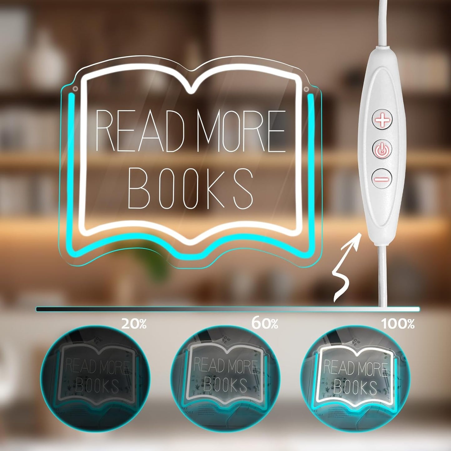 Read More Books Neon Sign, Dimmable LED Reading Neon Light USB Powered for Library Classroom Bookstore Decor, Reading Room Wall Sign for Study Room Bookshelf, Book Lover Gift (Ice Blue)