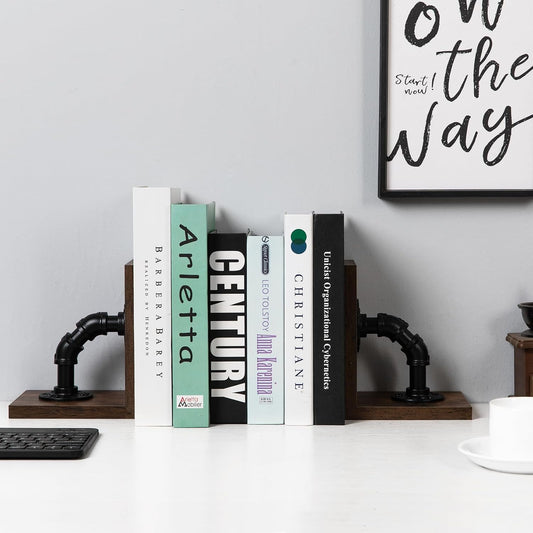 Rustic Decorative Wooden Tabletop Farmhouse Bookends for Heavy Books with Modern Industrial-Style Pipe Office Desktop Bookshelf Organizers Stoppers Holder Nonskid Shelf Decor 1-Pair (Dark Brown)