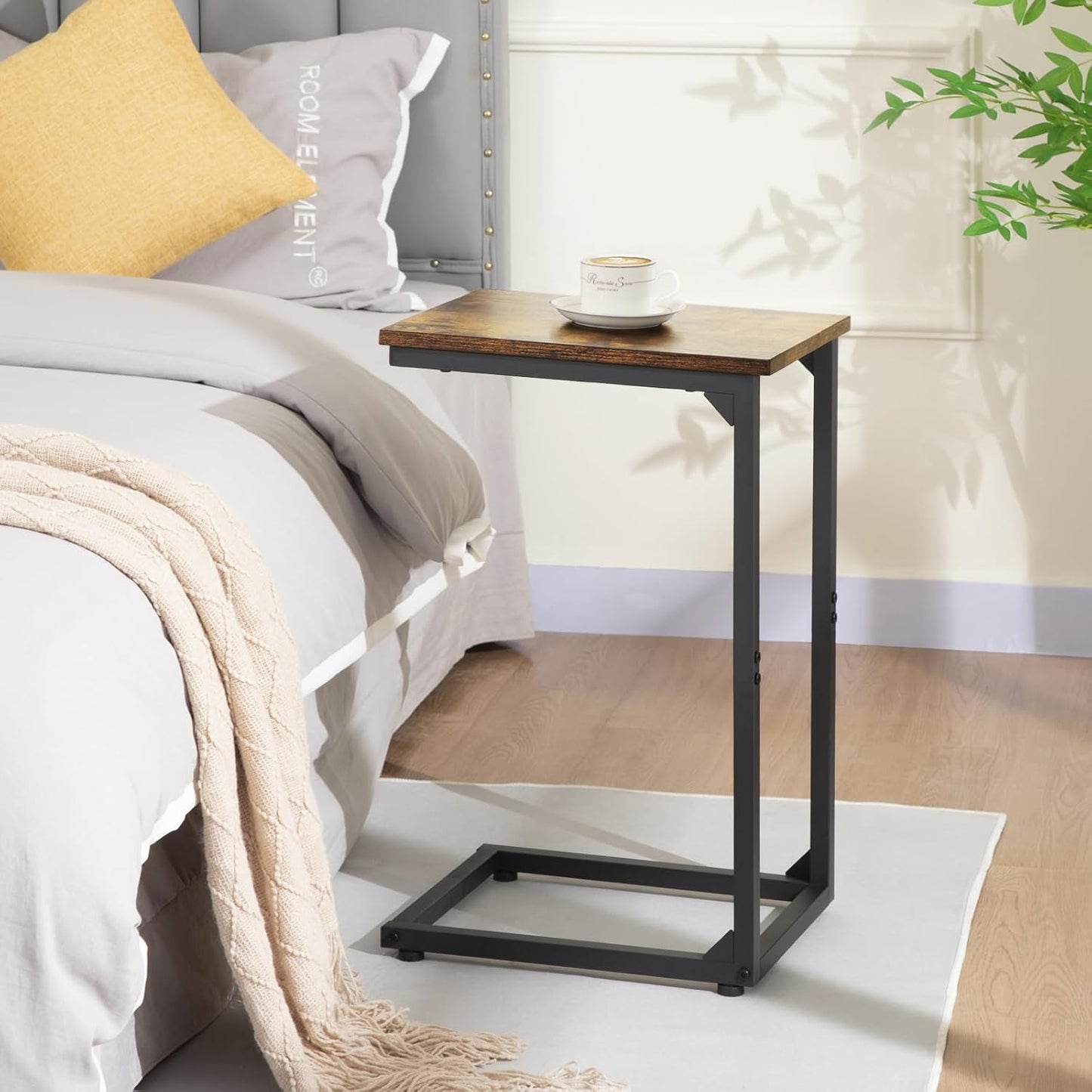 AMHANCIBLE C Shaped End Table, Slide Under Couch Table for Sofa, TV Tray Snack Table, Small Side Table for Small Space, Living Room, Brown HET02CBR1
