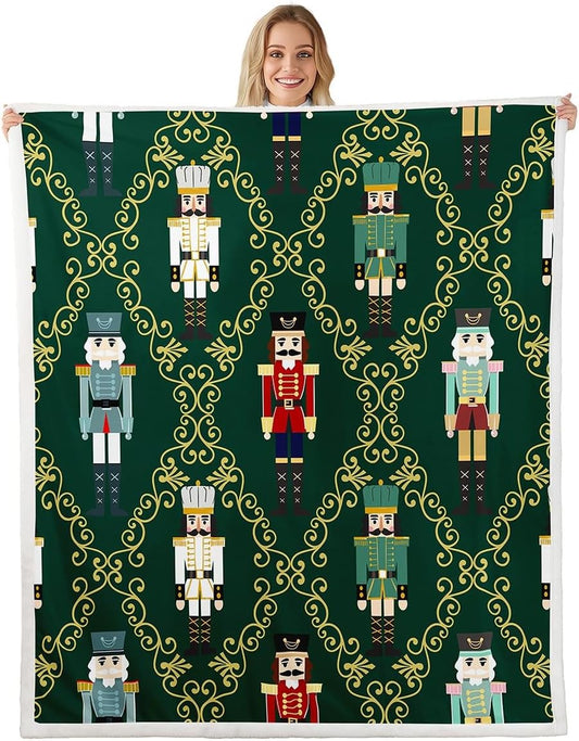 Feelyou Christmas Nutcracker Throw Blanket Merry Christmas Soft Fleece Sherpa Cozy Fuzzy Plush Warm Gold Green Fuzzy Plush Throw Soldier Toy Throw 50"x60" Winter Holiday for Bed Couch Living Room