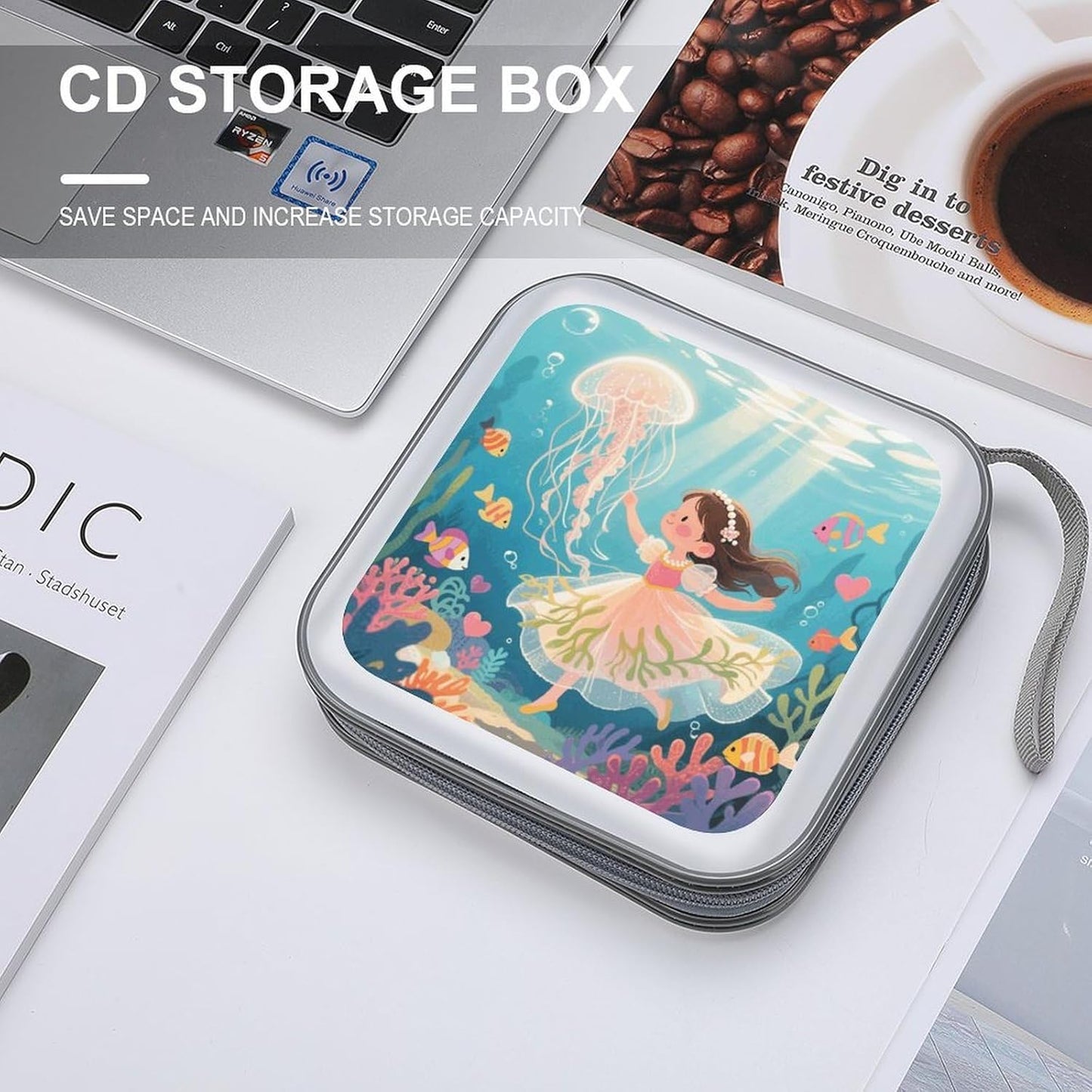 Jellyfish in The Ocean CD Case Portable Zipper CD Case 40 Capacity Hard Plastic DVD Cases Holder Large Storage Disc Wallet Bag for Car Home Travel DVD Collection Bag