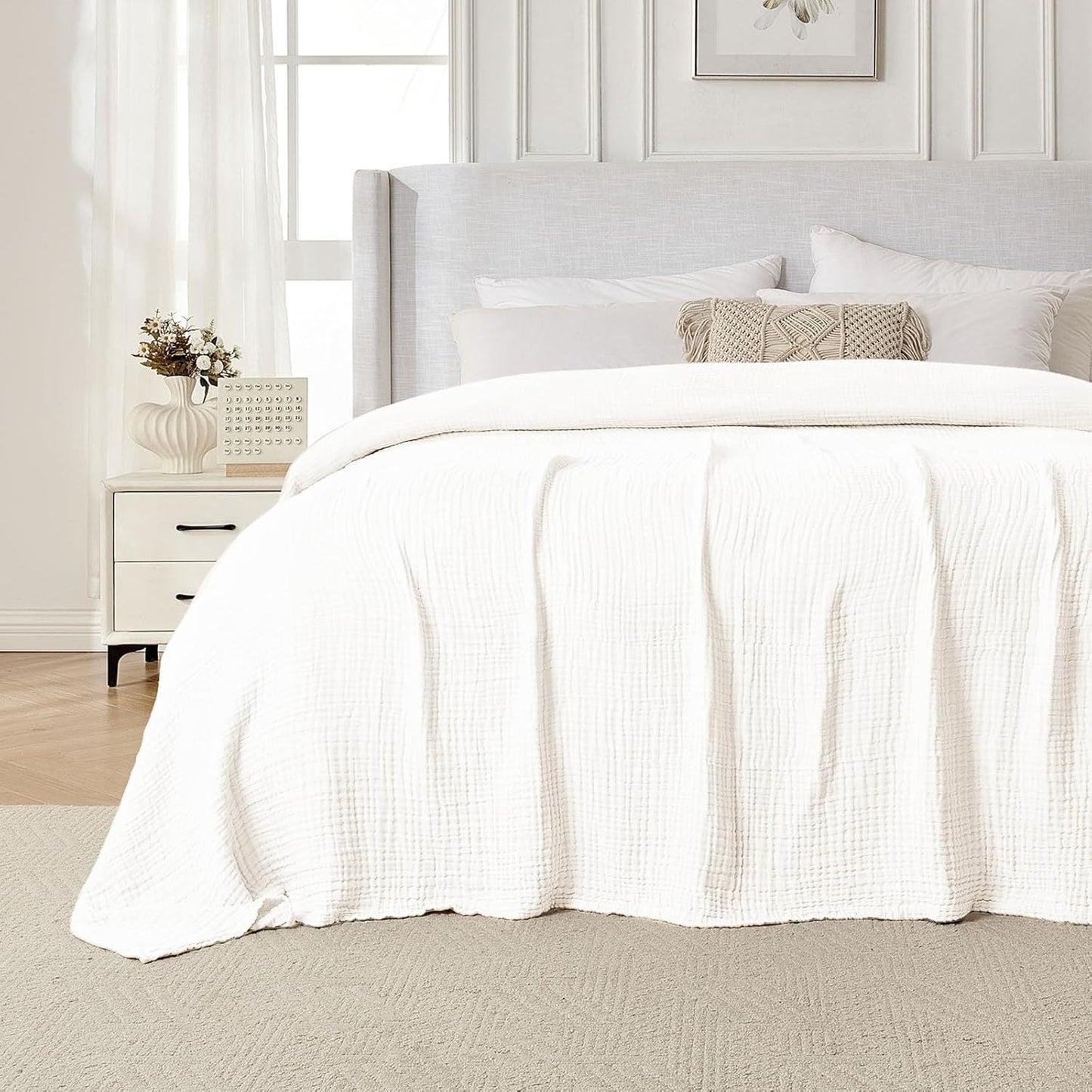 Joydeco 100% Cotton Muslin Throw Blanket for Couch Bed and Sofa, 4-Layer Lightweight and Breathable Soft Gauze Blanket for All Season, Luxury Throws Cotton Blanket Gift(White, 90"x90")