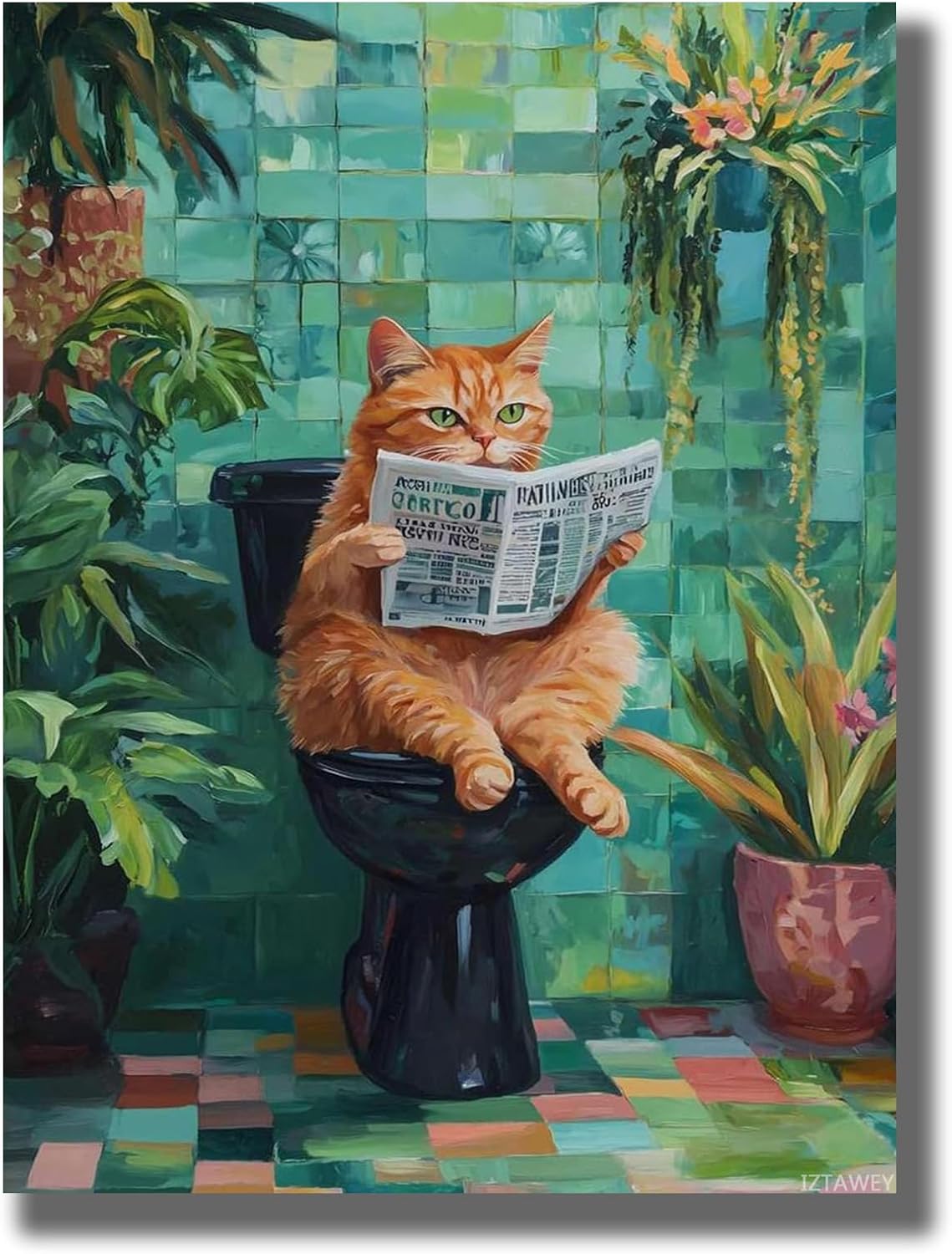 IZTAWEY Wall Art Canvas Print Funny Cat Wall Art Print Bathroom Toilet Poster Living Room and Bedroom Home Decoration 12x16inch Without Frame