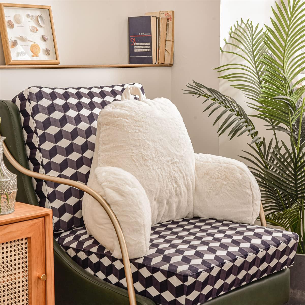 NTBED Reading Pillow Faux Fur Bed Wedge Backrest with Arms,Couch TV Relax Bed Rest Pillow Back Support Cushion for Kids Teens Boys Girls(Ivory)