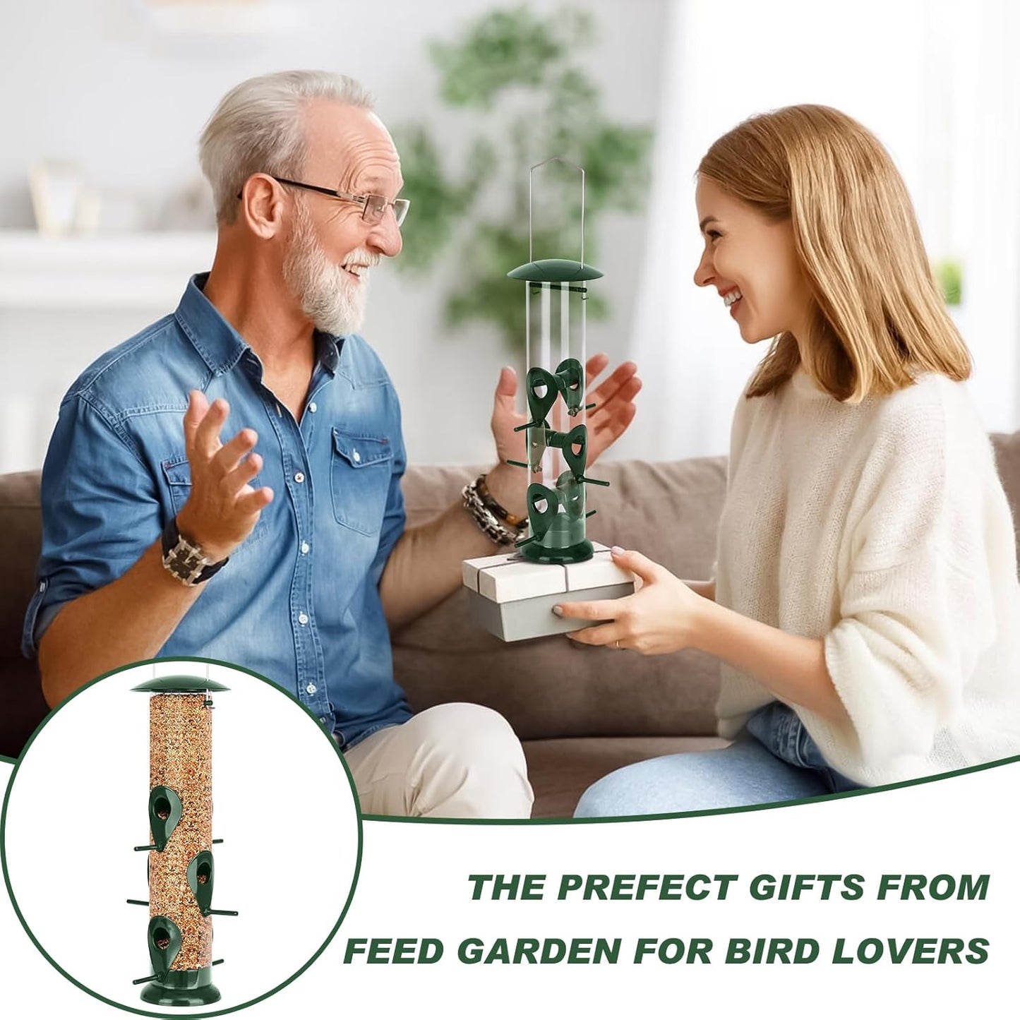 FEED GARDEN Metal Bird Feeder - 6 Port Tube Feeder for Outdoors, Heavy Duty Squirrel Proof with Metal Lid, Easy Fill & Clean, Weather Resistant, 13 Inch